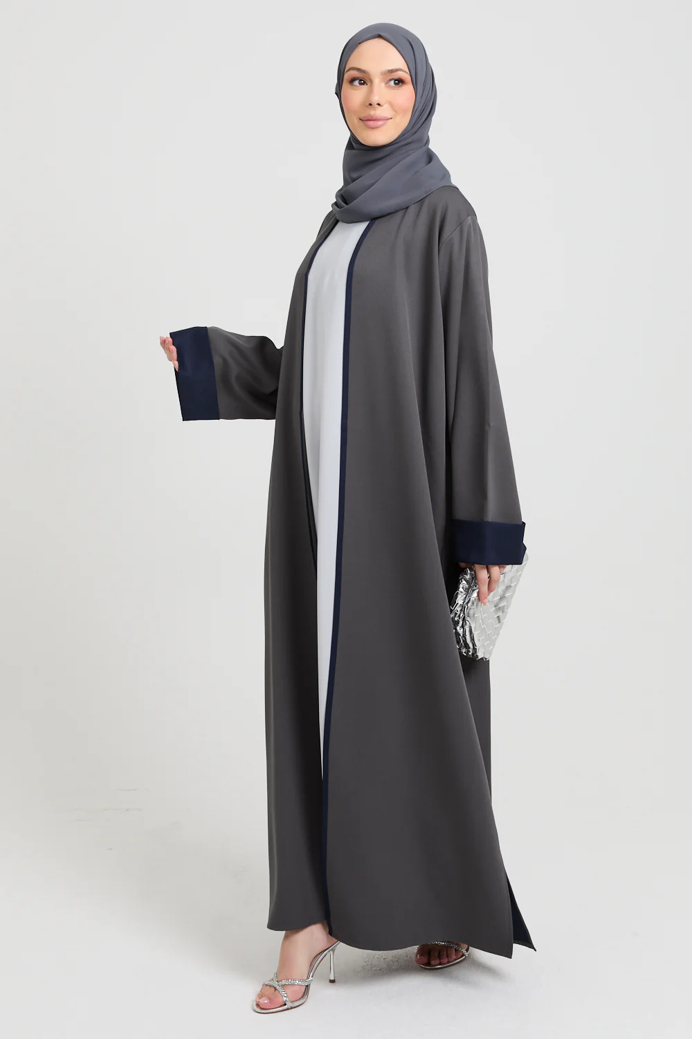 Premium Two Tone Open Abaya - Twilight Grey & Navy - Image 6