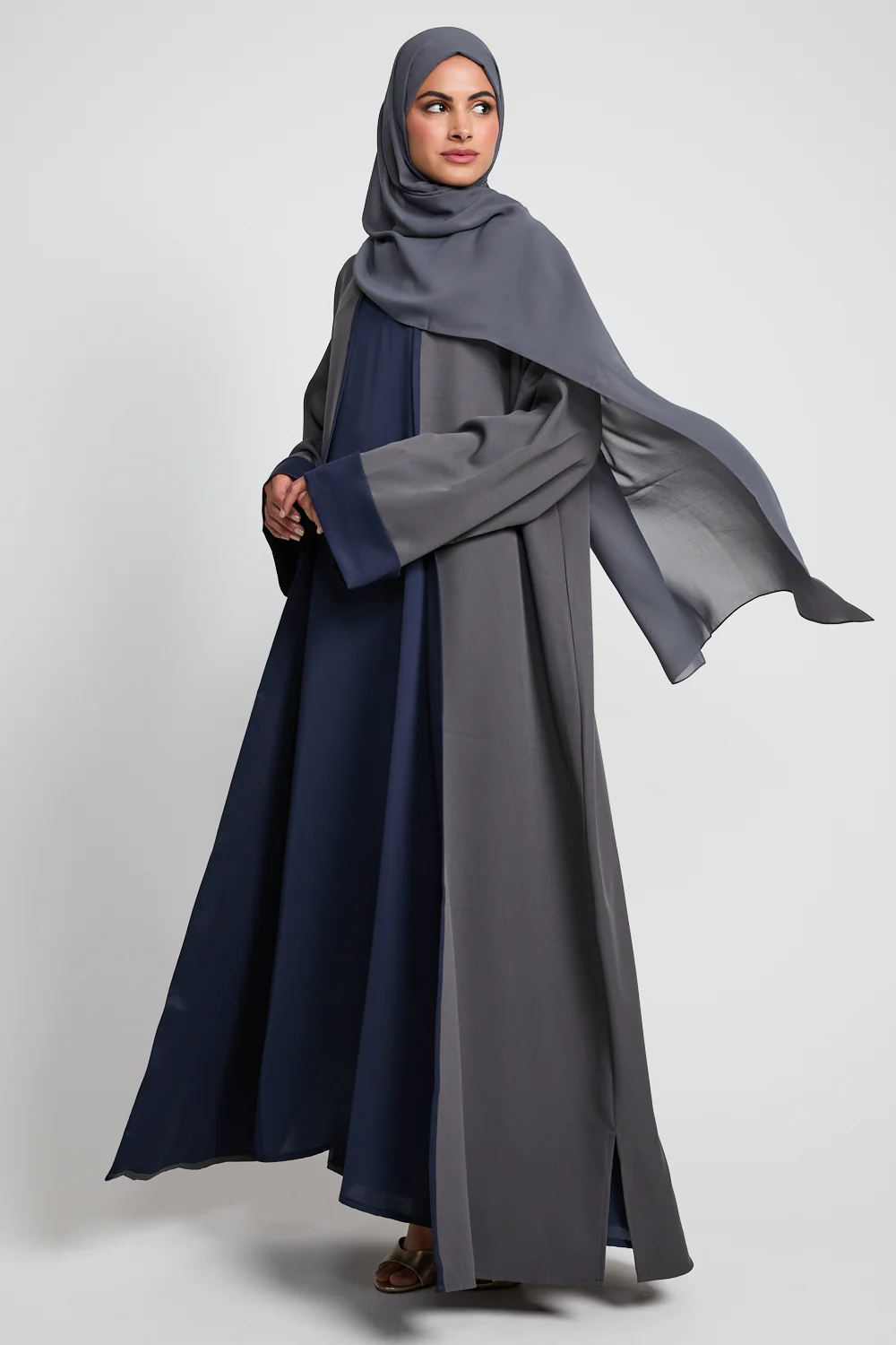 Premium Two Tone Open Abaya - Twilight Grey & Navy - Image 7