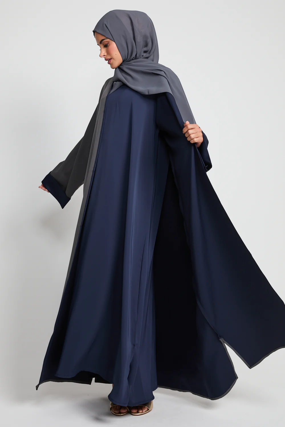 Premium Two Tone Open Abaya - Twilight Grey & Navy - Image 8