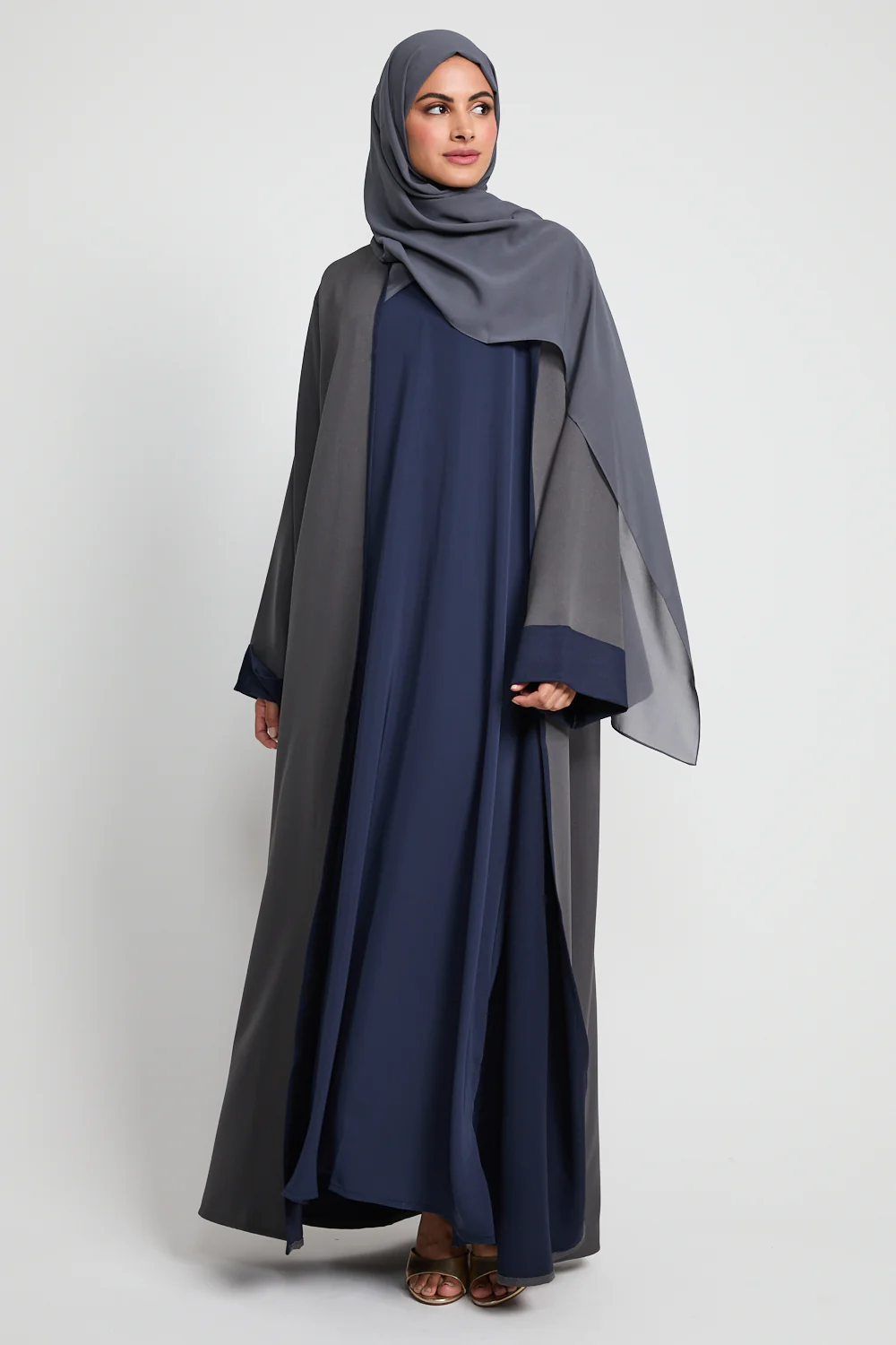 Premium Two Tone Open Abaya - Twilight Grey & Navy - Image 9