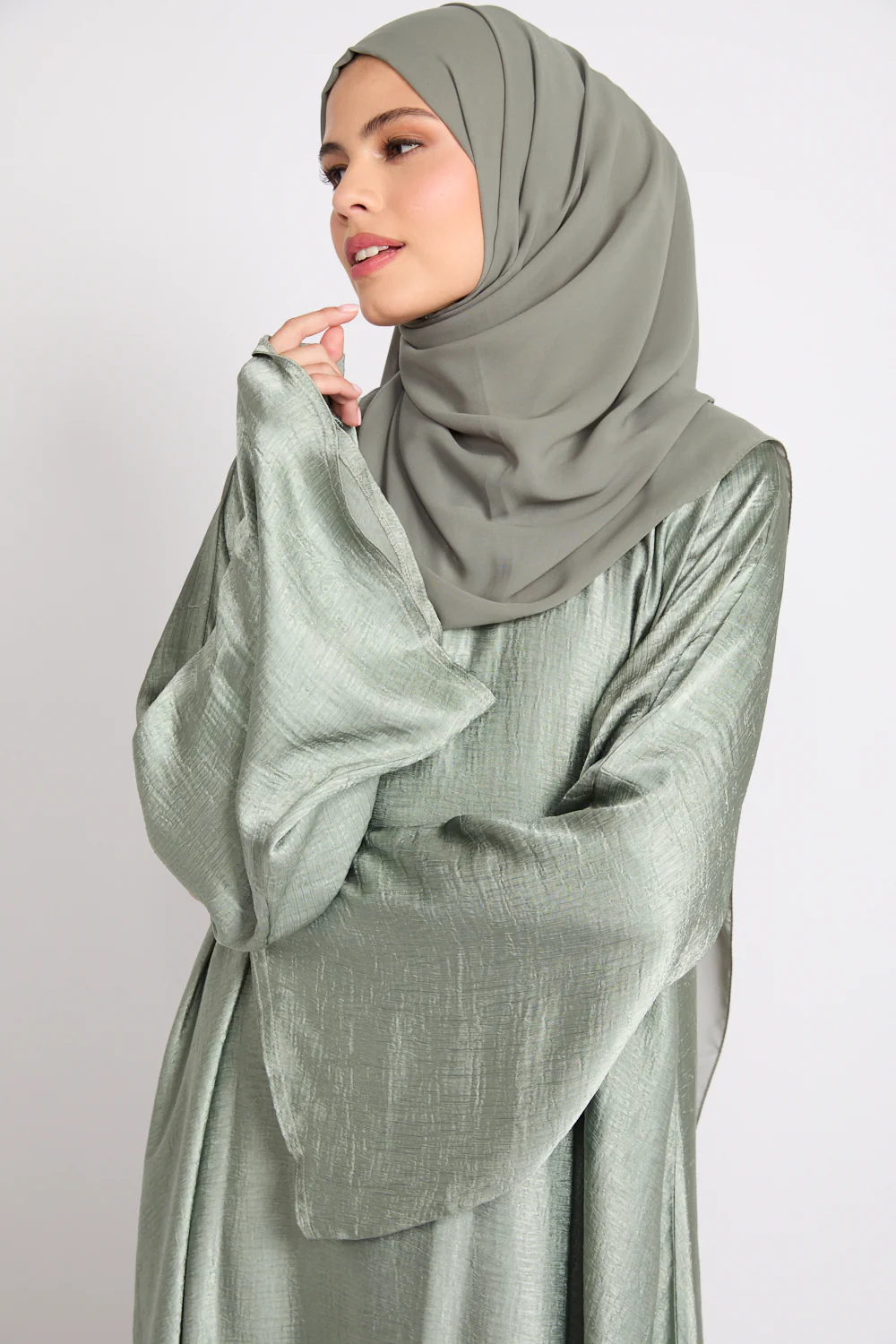 Premium Umbrella Cut Closed Abaya with Inner Belt - Sage - Image 2