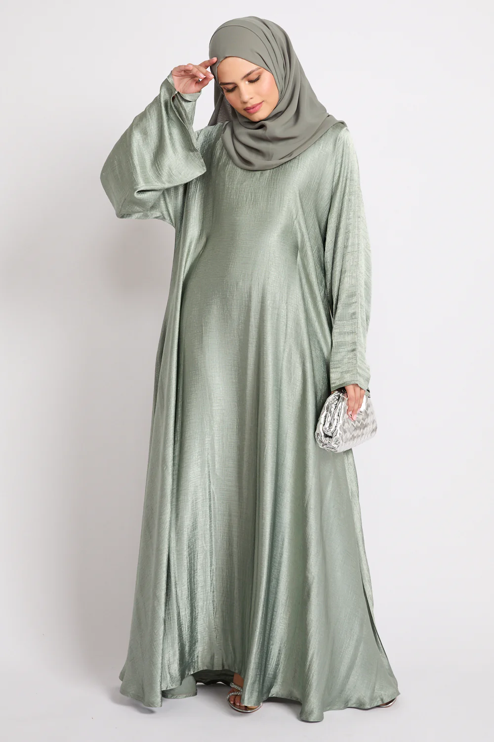 Premium Umbrella Cut Closed Abaya with Inner Belt - Sage - Image 4