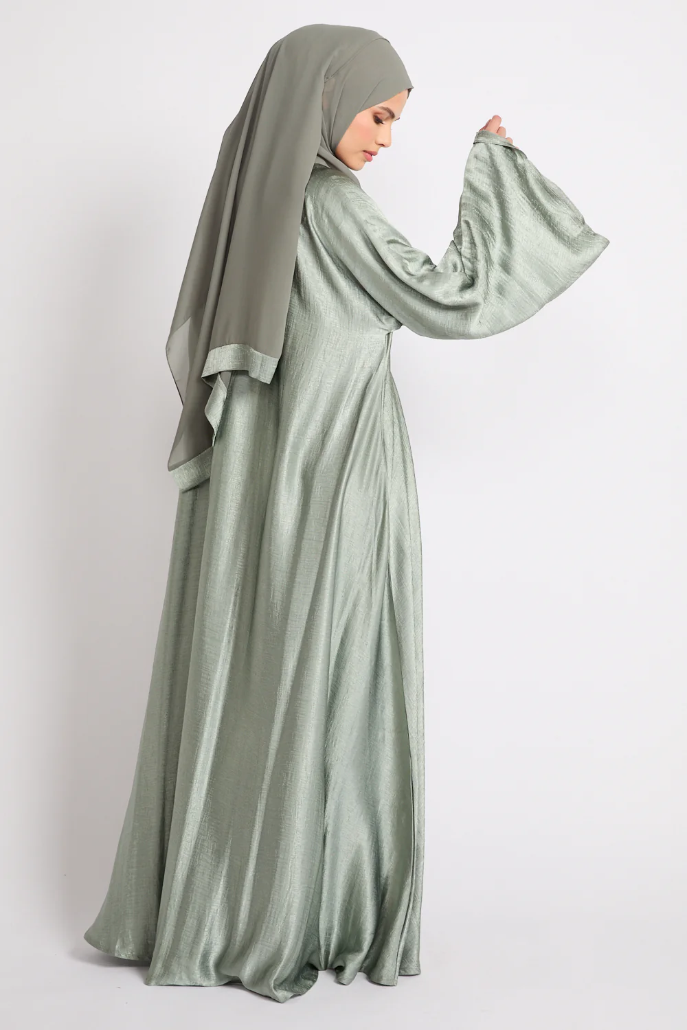 Premium Umbrella Cut Closed Abaya with Inner Belt - Sage - Image 9
