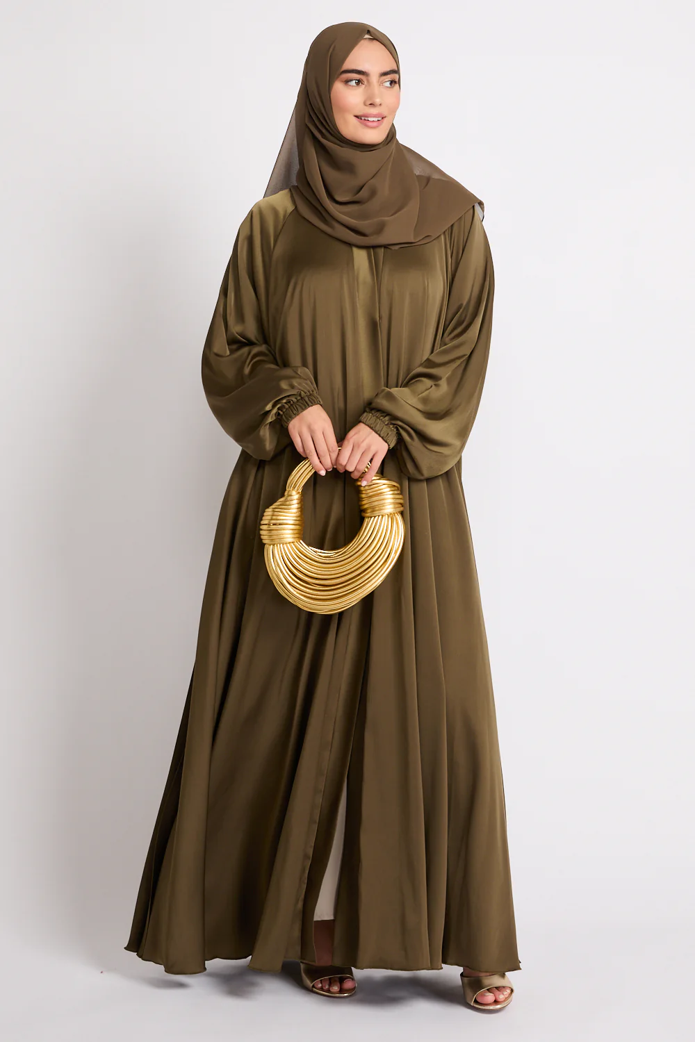 Premium Umbrella Cut Open Abaya with Pleated Back Detailing - Bronzed Olive - Image 5