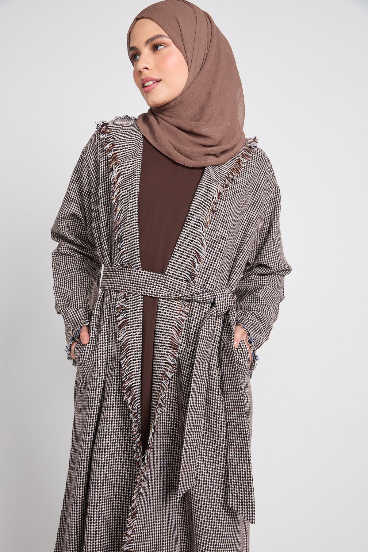Premium Woven Check Fringed Wrap Coat Abaya – Cocoa Taupe - LIMITED EDITION - Image 2