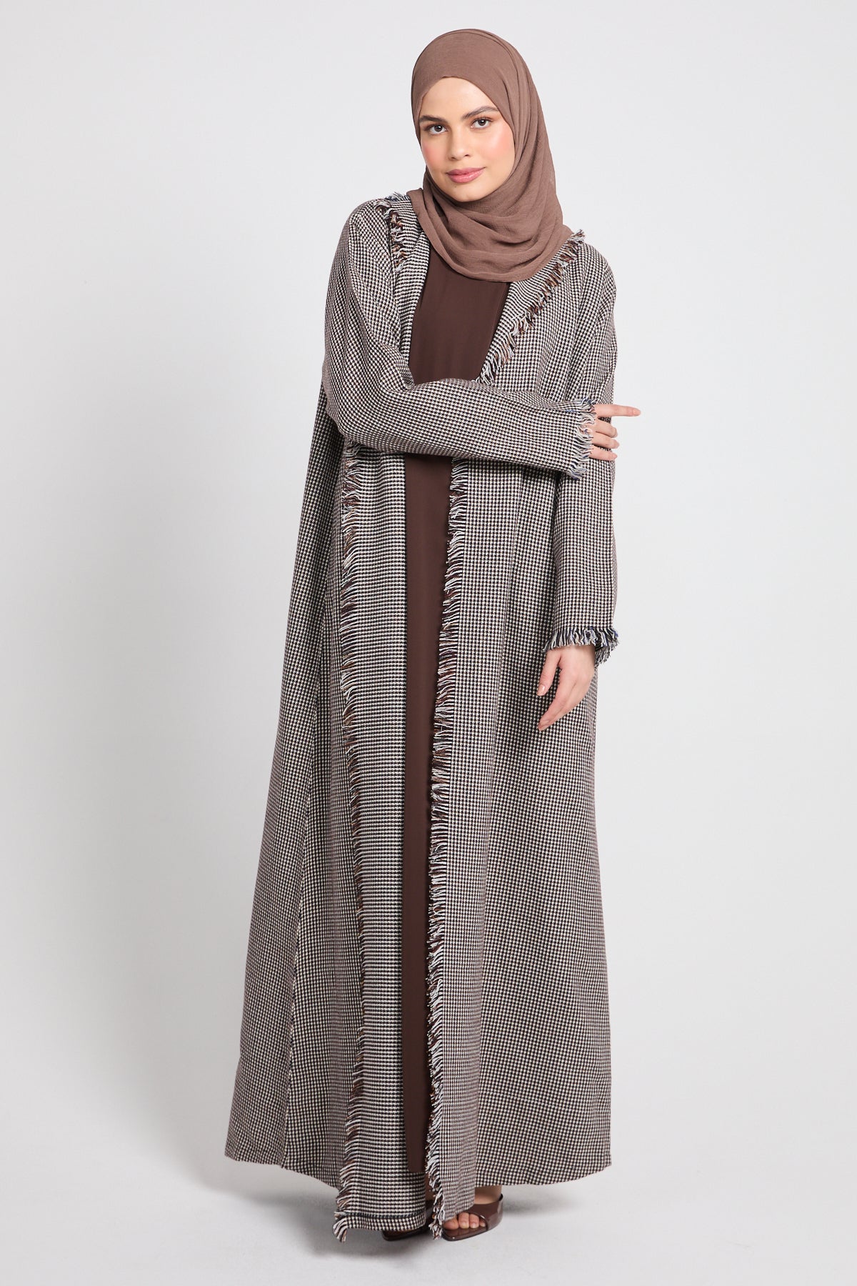 Premium Woven Check Fringed Wrap Coat Abaya – Cocoa Taupe - LIMITED EDITION - Image 3