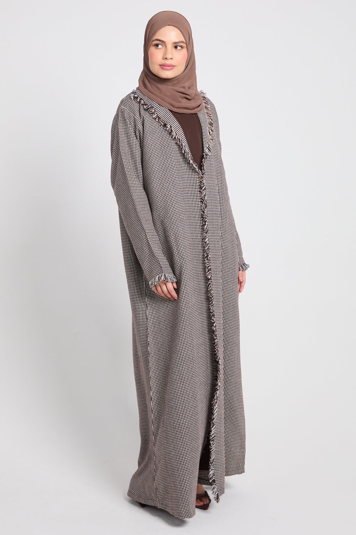Premium Woven Check Fringed Wrap Coat Abaya – Cocoa Taupe - LIMITED EDITION - Image 5