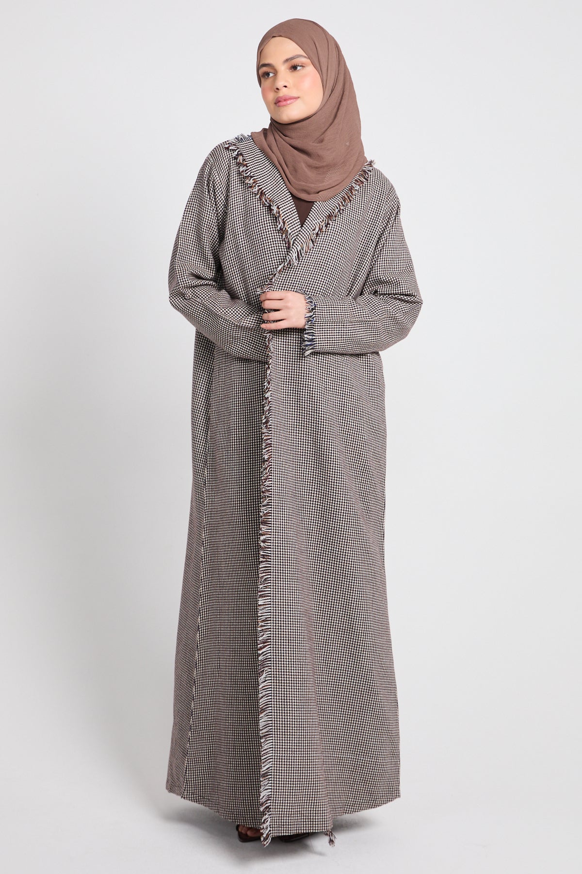 Premium Woven Check Fringed Wrap Coat Abaya – Cocoa Taupe - LIMITED EDITION - Image 8