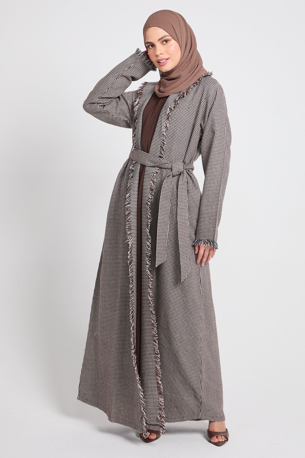 Premium Woven Check Fringed Wrap Coat Abaya – Cocoa Taupe - LIMITED EDITION - Image 9