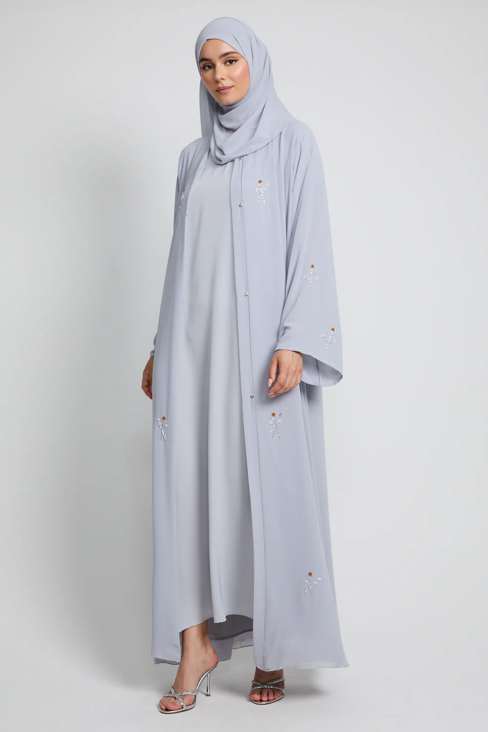 Rose Embellished Chiffon Open Abaya - Iced Silver - Image 3