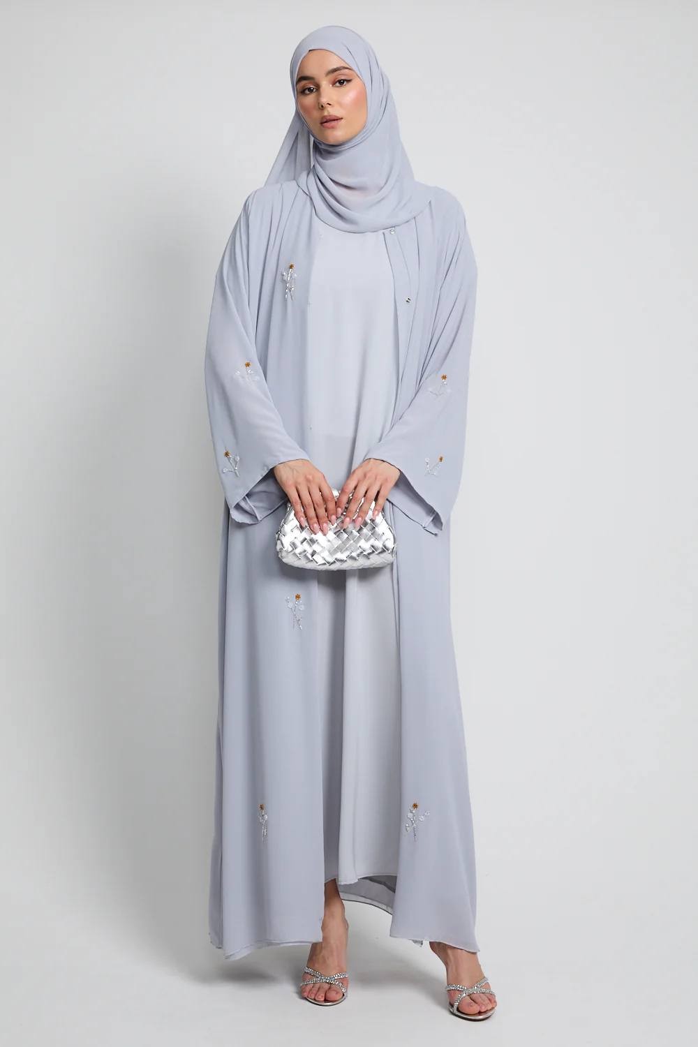 Rose Embellished Chiffon Open Abaya - Iced Silver - Image 4