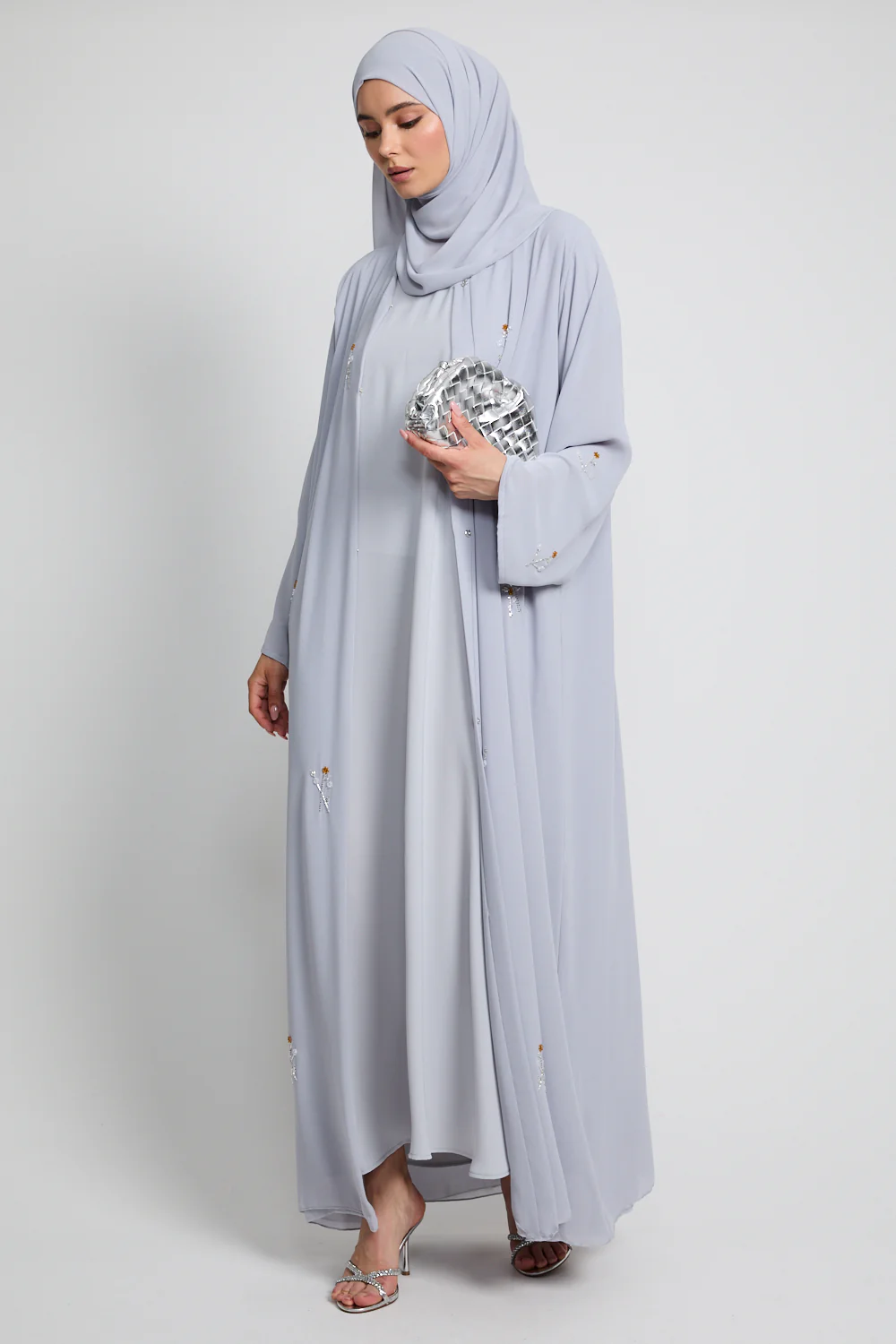 Rose Embellished Chiffon Open Abaya - Iced Silver - Image 5