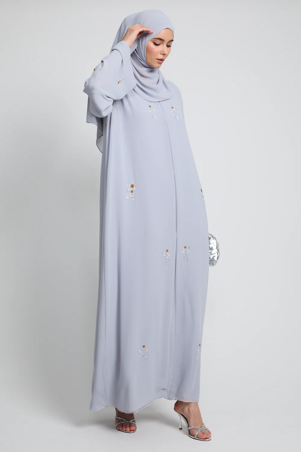 Rose Embellished Chiffon Open Abaya - Iced Silver - Image 6