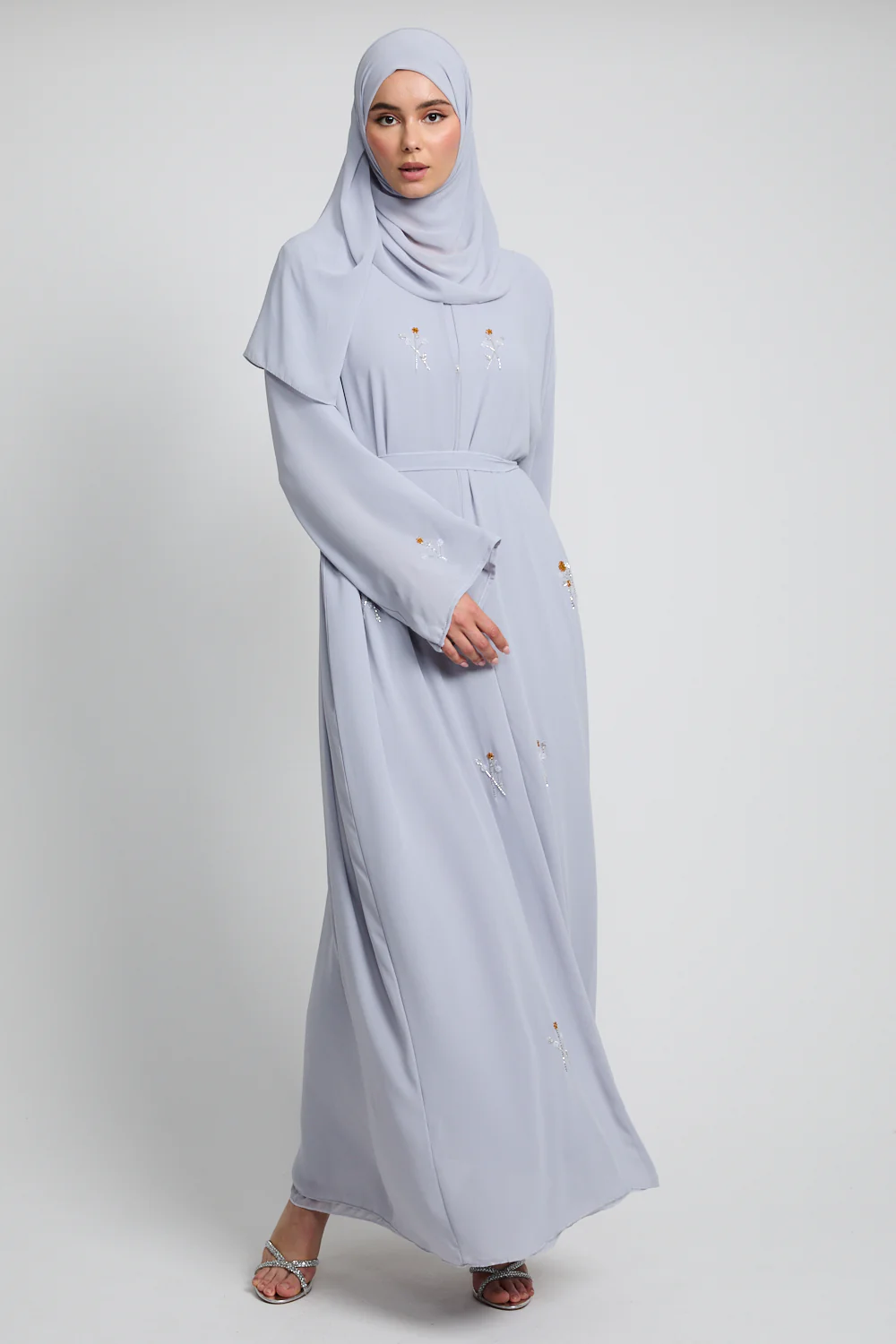 Rose Embellished Chiffon Open Abaya - Iced Silver - Image 7