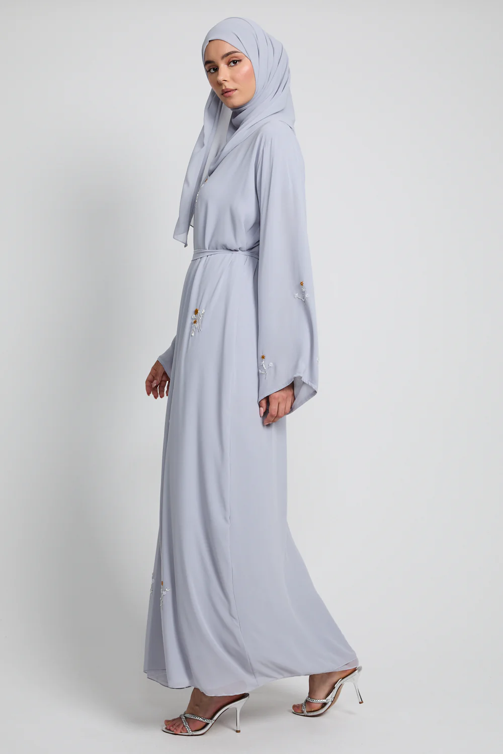 Rose Embellished Chiffon Open Abaya - Iced Silver - Image 8
