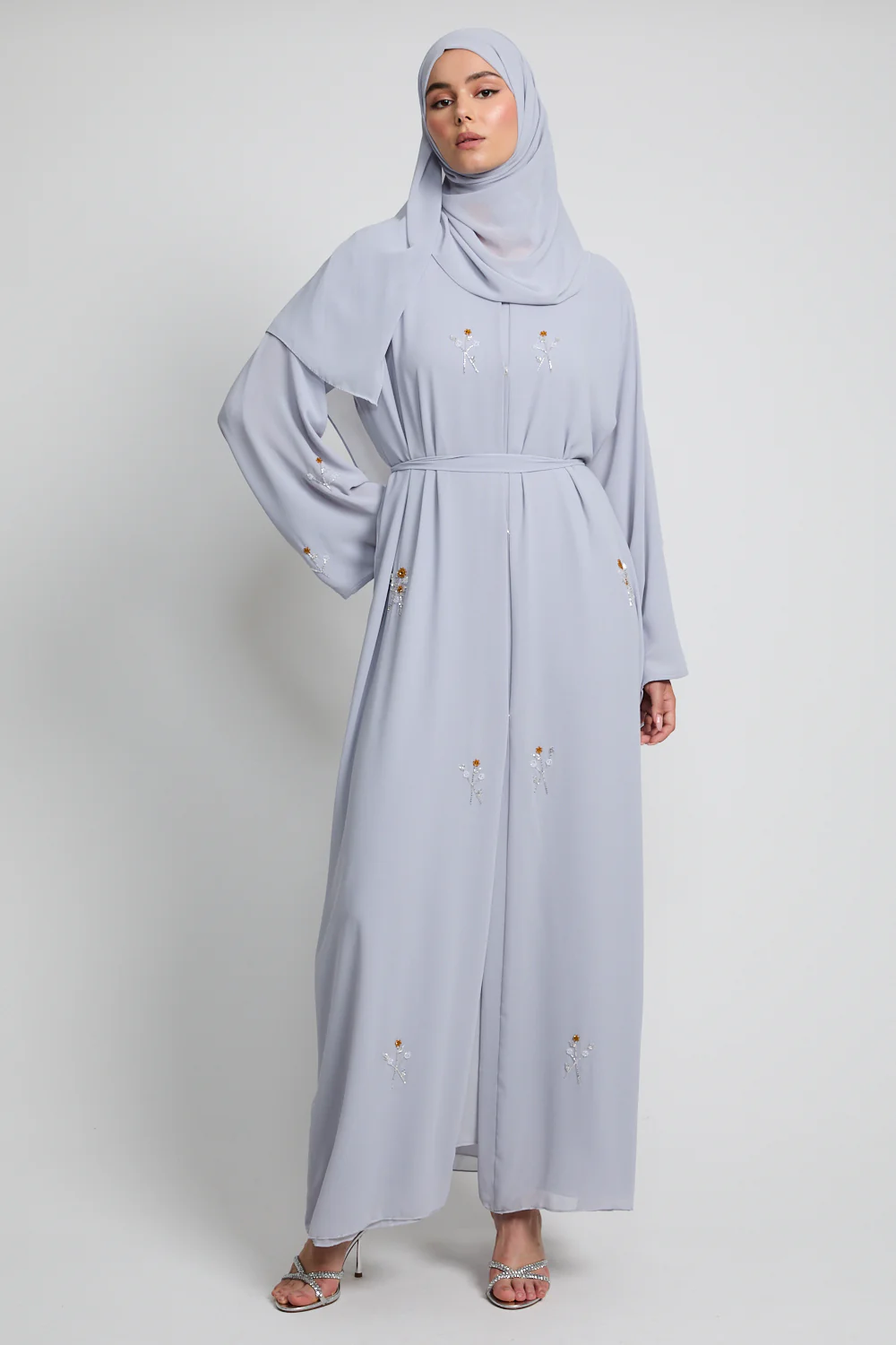 Rose Embellished Chiffon Open Abaya - Iced Silver - Image 9