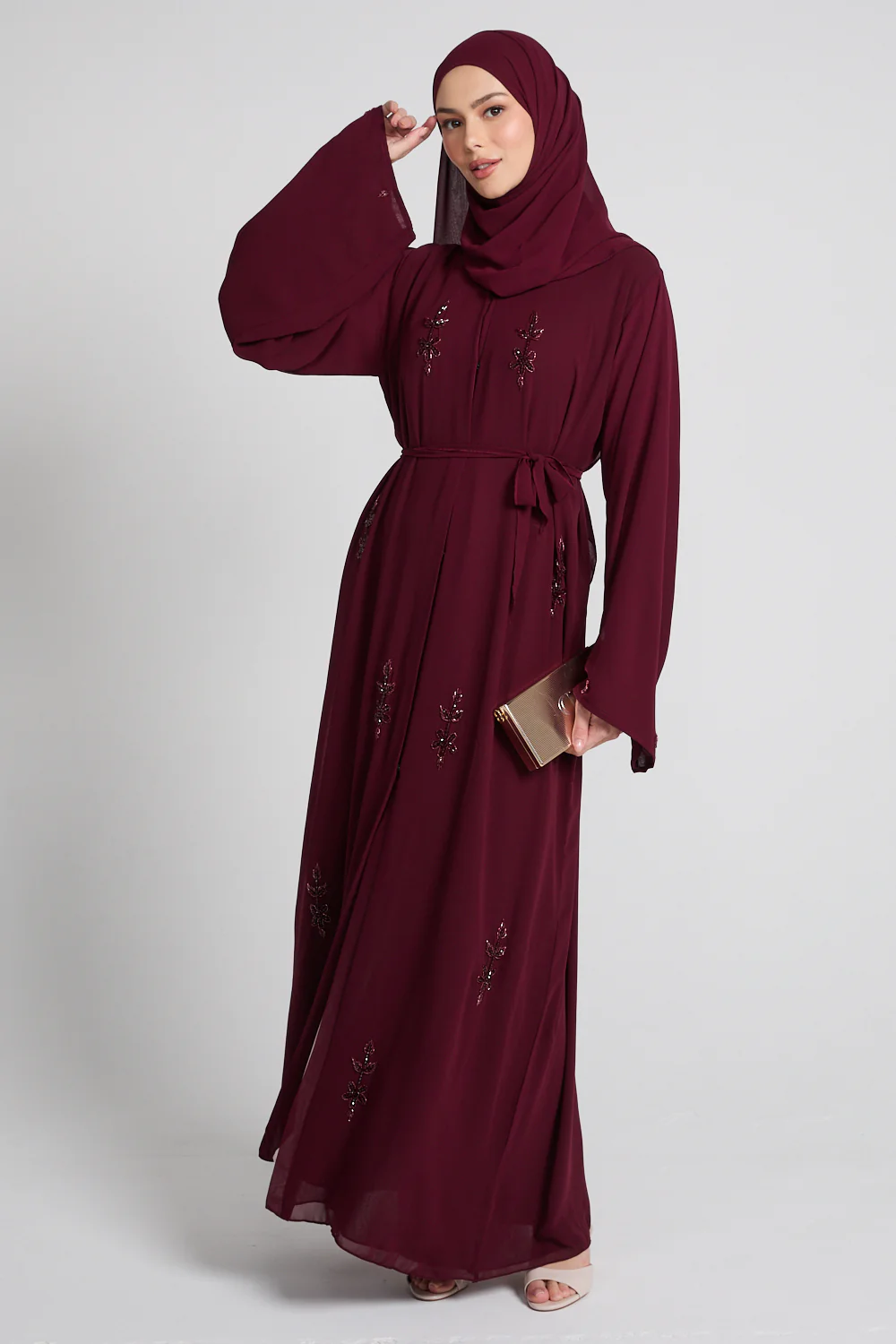 Rouge Noir Embellished Chiffon Open Abaya