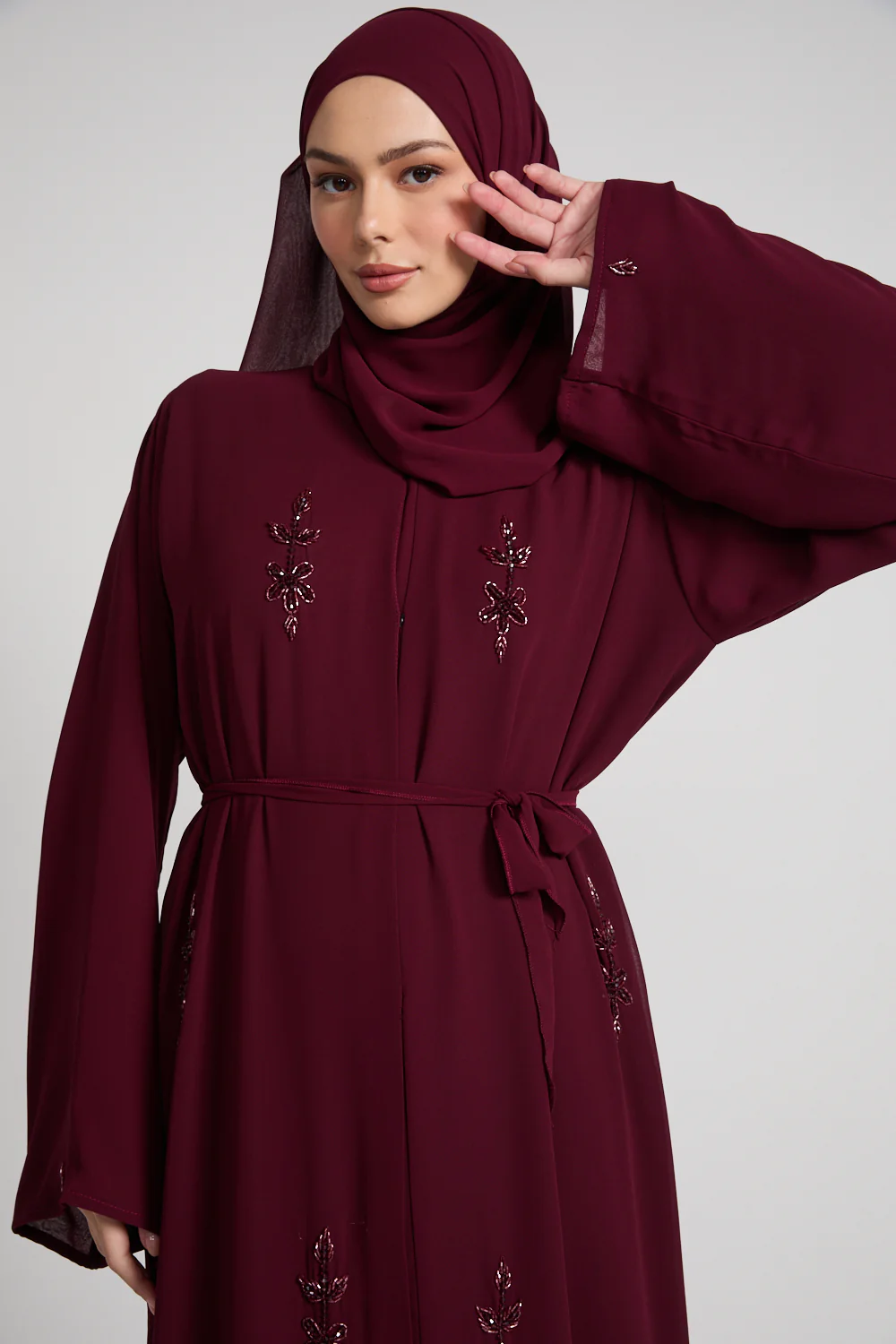 Rouge Noir Embellished Chiffon Open Abaya - Image 2
