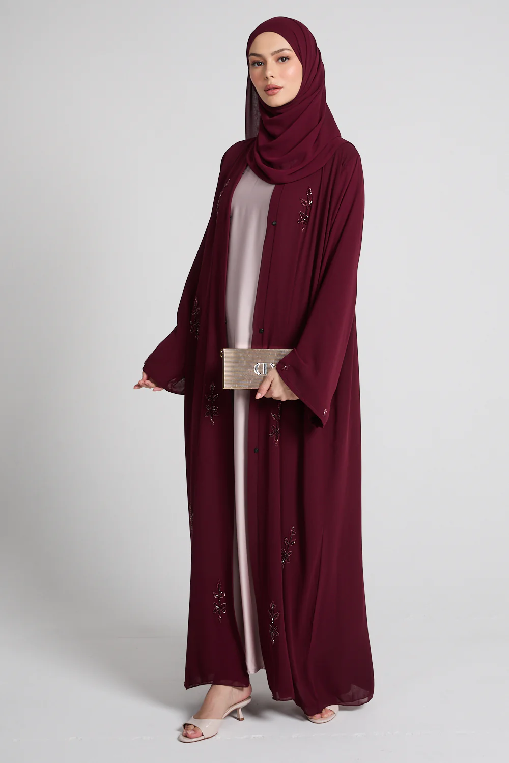 Rouge Noir Embellished Chiffon Open Abaya - Image 3