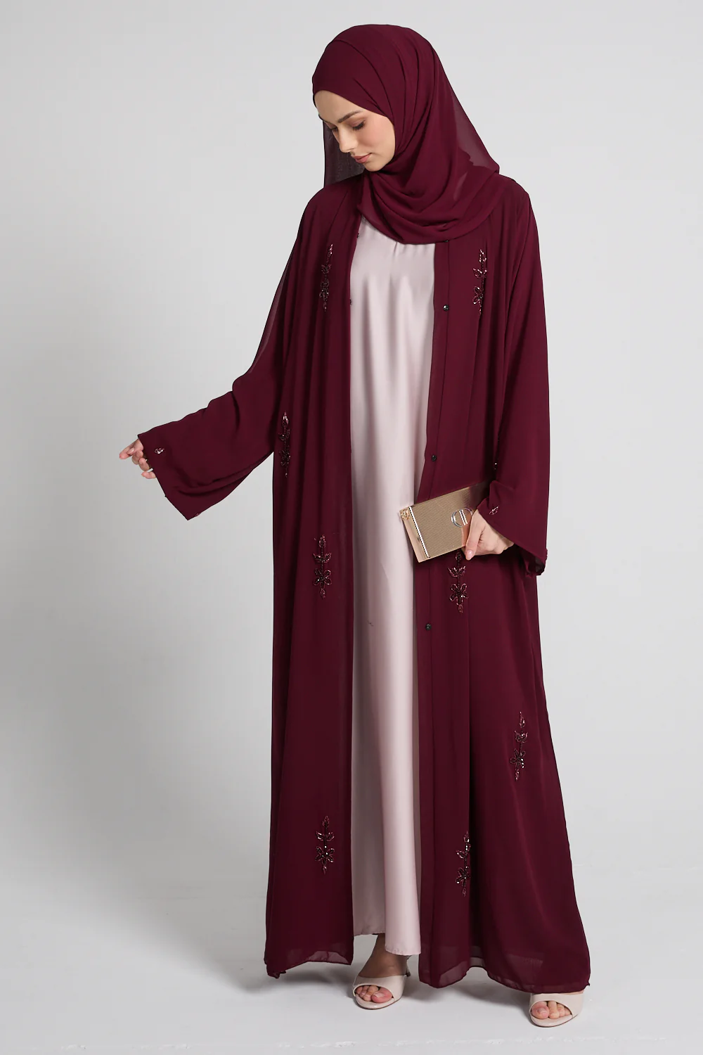 Rouge Noir Embellished Chiffon Open Abaya - Image 6