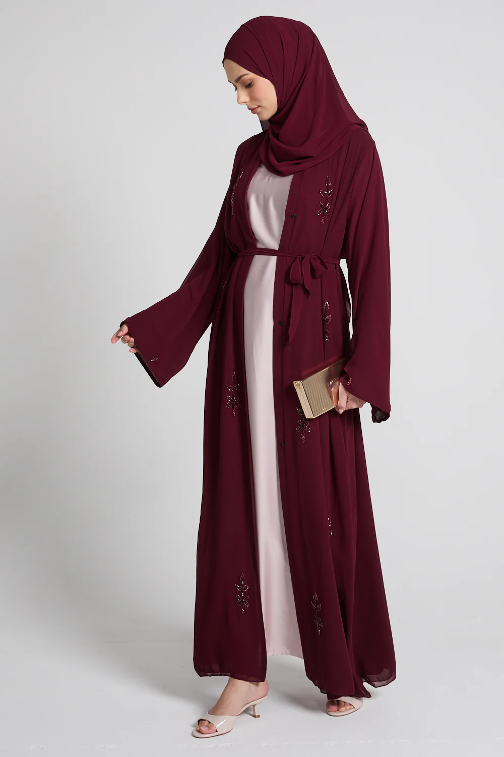 Rouge Noir Embellished Chiffon Open Abaya - Image 7