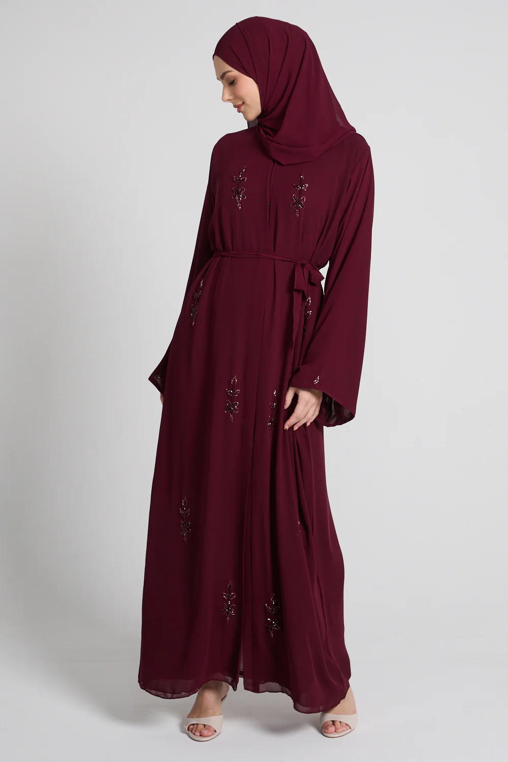 Rouge Noir Embellished Chiffon Open Abaya - Image 8
