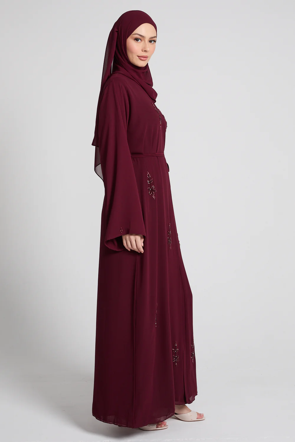 Rouge Noir Embellished Chiffon Open Abaya - Image 9
