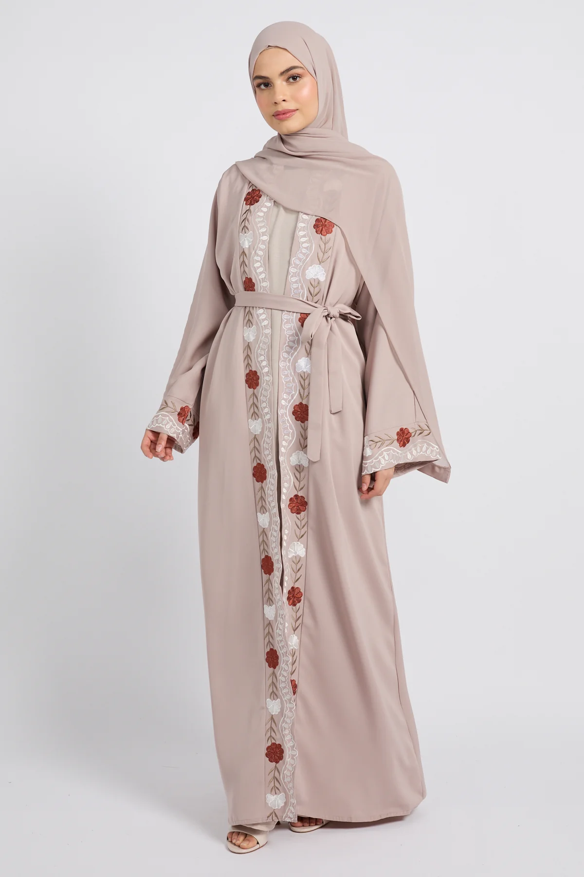 Royal Garden Embroidered Four Piece Abaya Set - Blush Taupe - Image 5