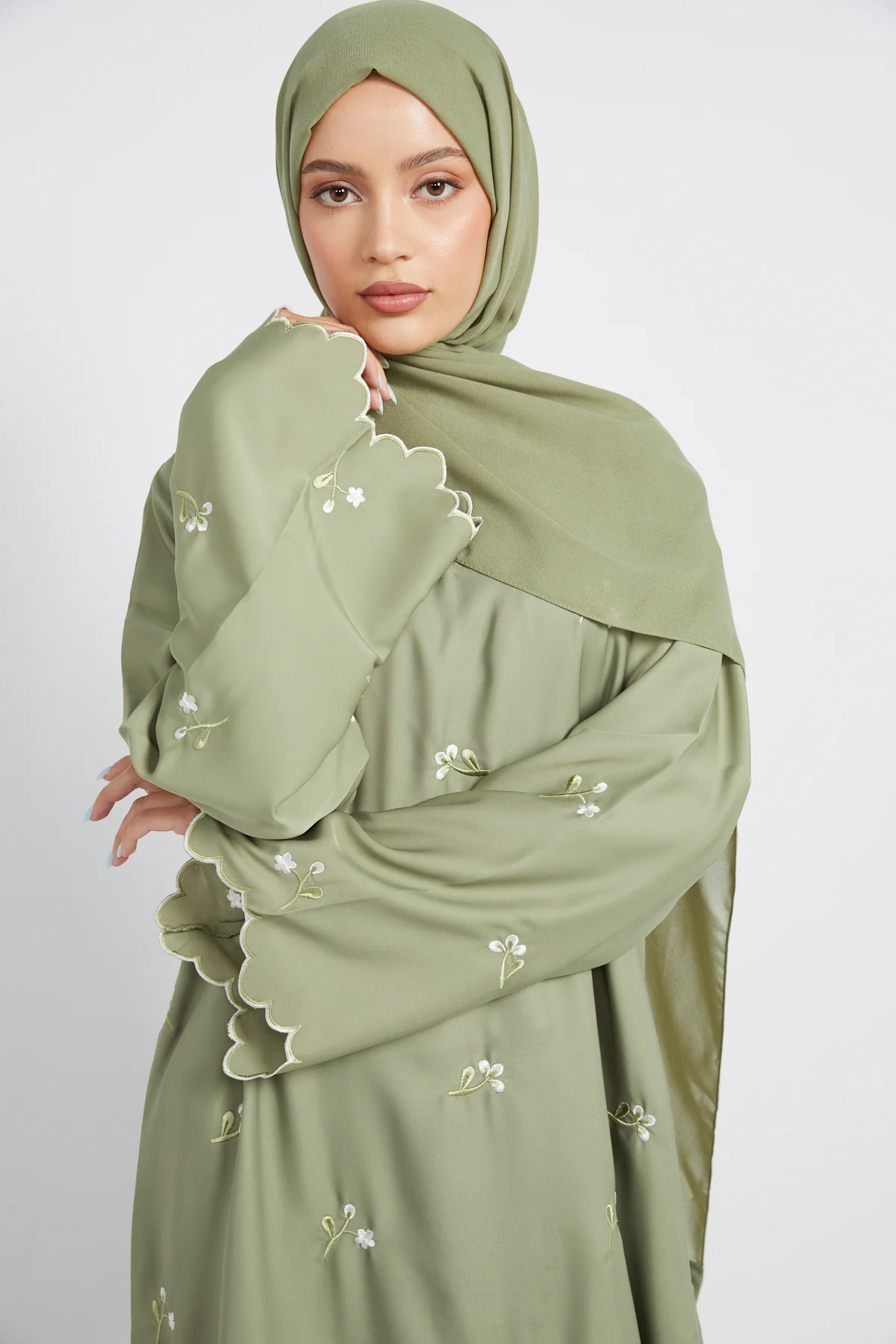 Sage Closed Abaya with Dainty Floral Embroidery - Image 2