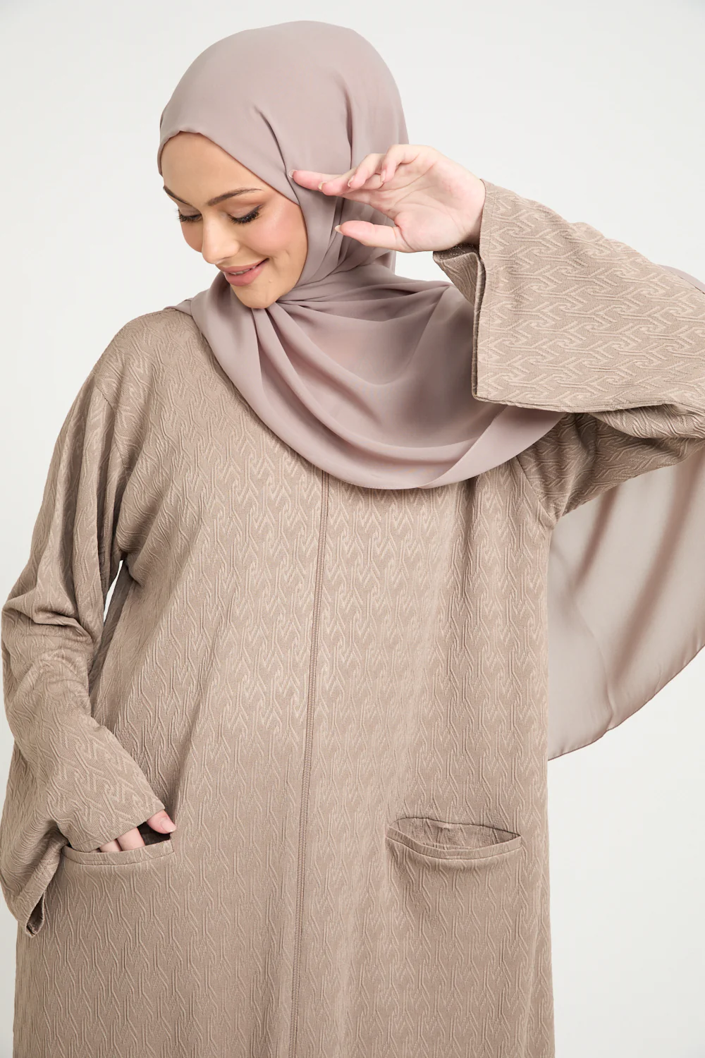 Sandstone Textured Semi-Closed Abaya with Zip and Pockets - LIMITED EDITION - Image 2