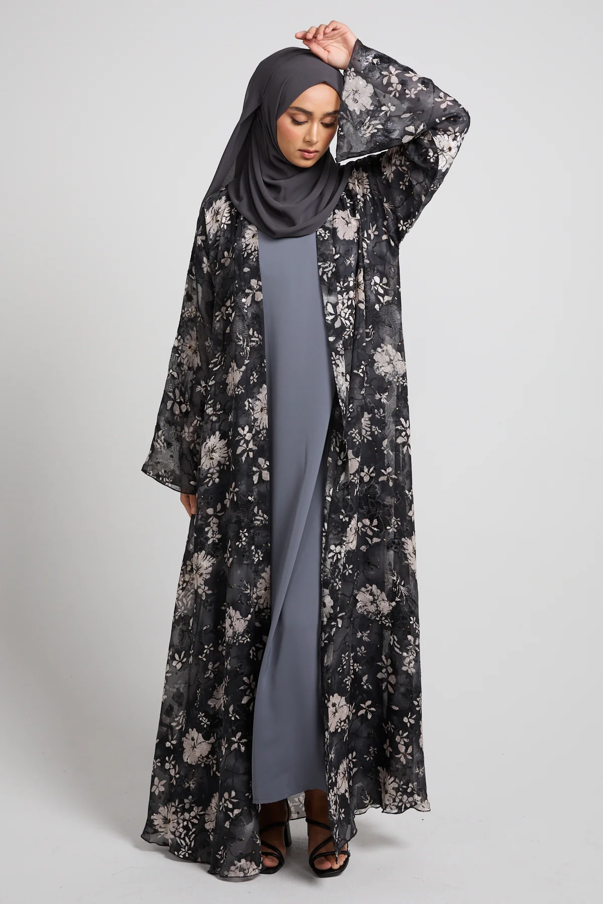 Smoked Floral Chiffon Open Abaya - LIMITED EDITION - Image 3