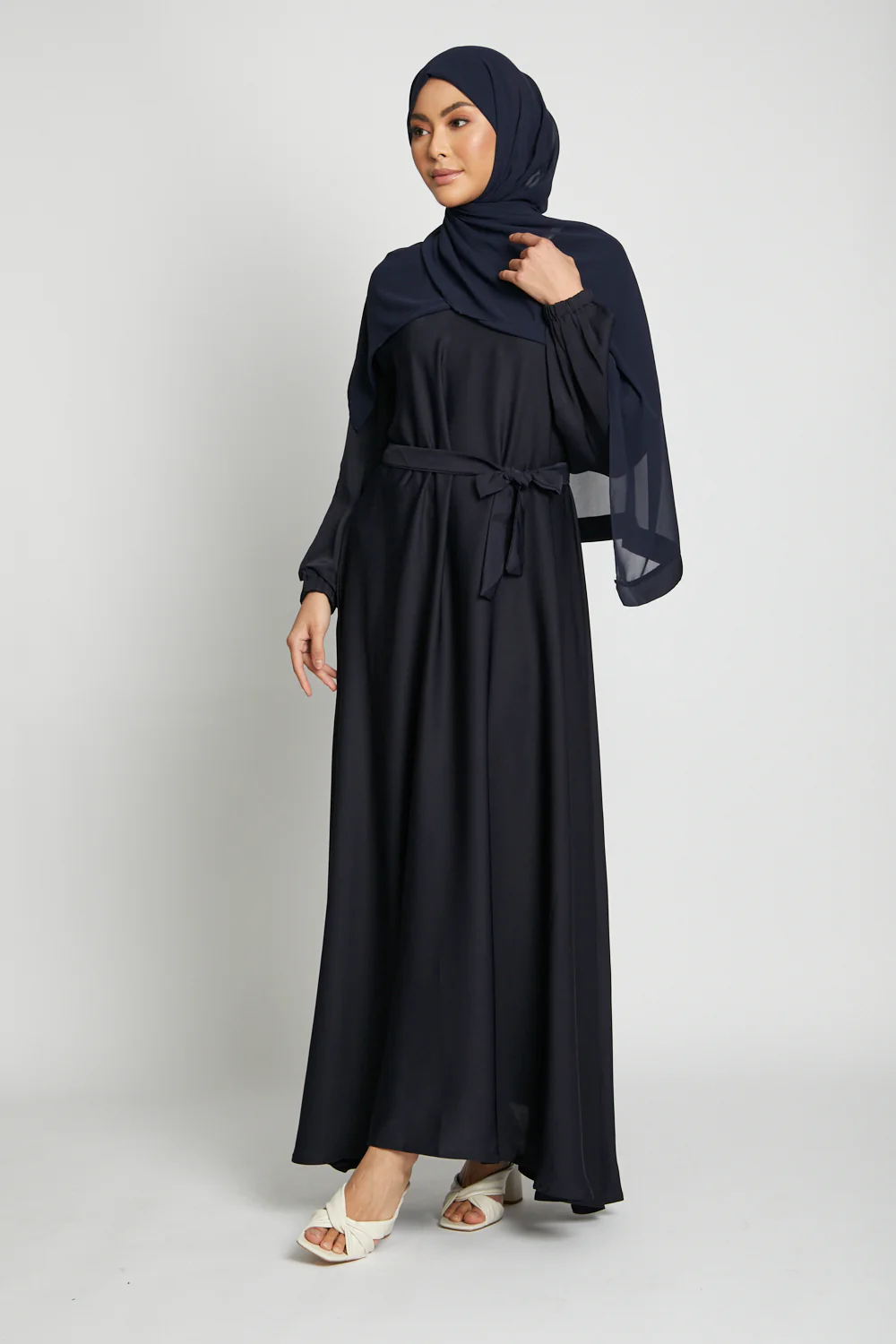 Umbrella Cut Closed Abaya with Elasticated Cuffs - Deep Navy - Image 6
