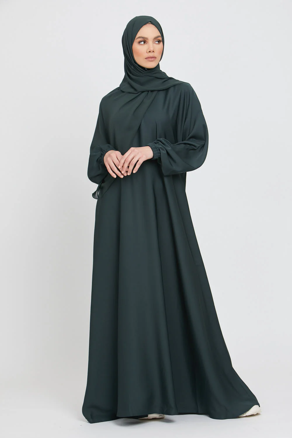Umbrella Cut Closed Abaya with Elasticated Cuffs - Forest Green - Image 2