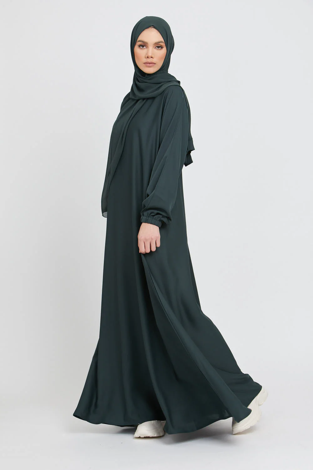 Umbrella Cut Closed Abaya with Elasticated Cuffs - Forest Green - Image 3