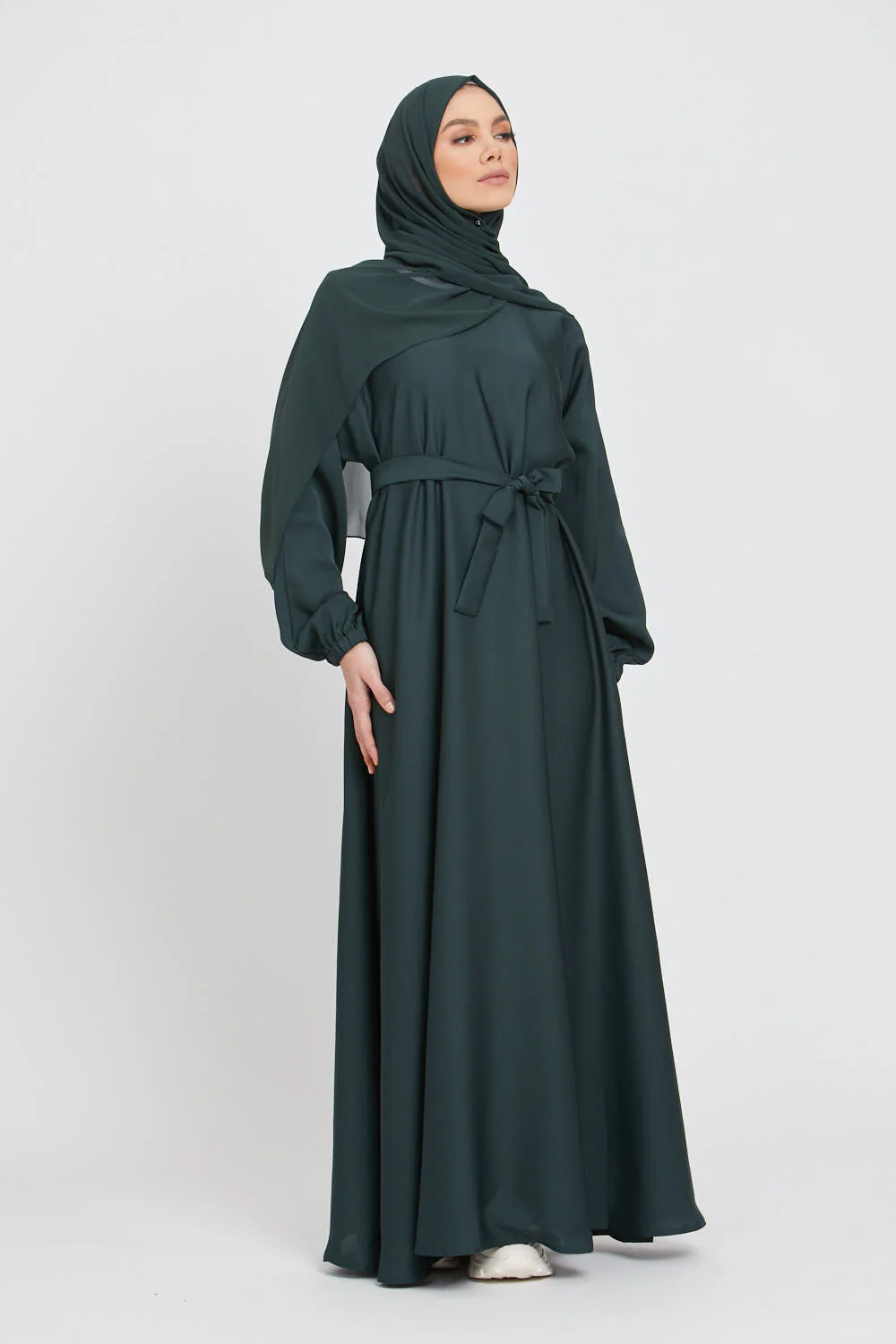 Umbrella Cut Closed Abaya with Elasticated Cuffs - Forest Green - Image 4