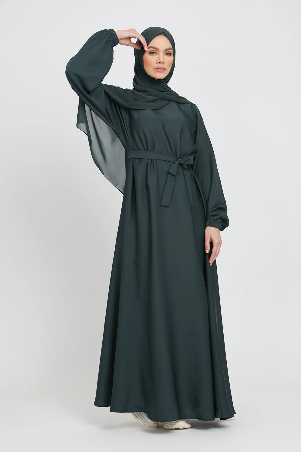 Umbrella Cut Closed Abaya with Elasticated Cuffs - Forest Green - Image 5