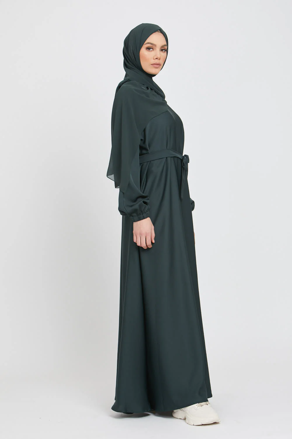 Umbrella Cut Closed Abaya with Elasticated Cuffs - Forest Green - Image 6