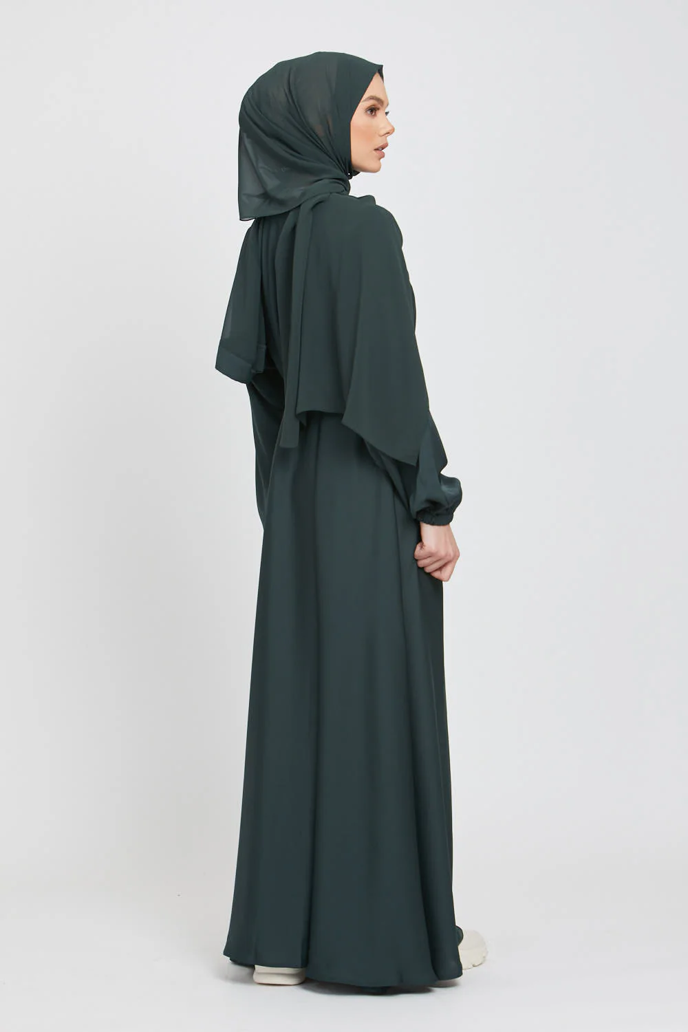Umbrella Cut Closed Abaya with Elasticated Cuffs - Forest Green - Image 7