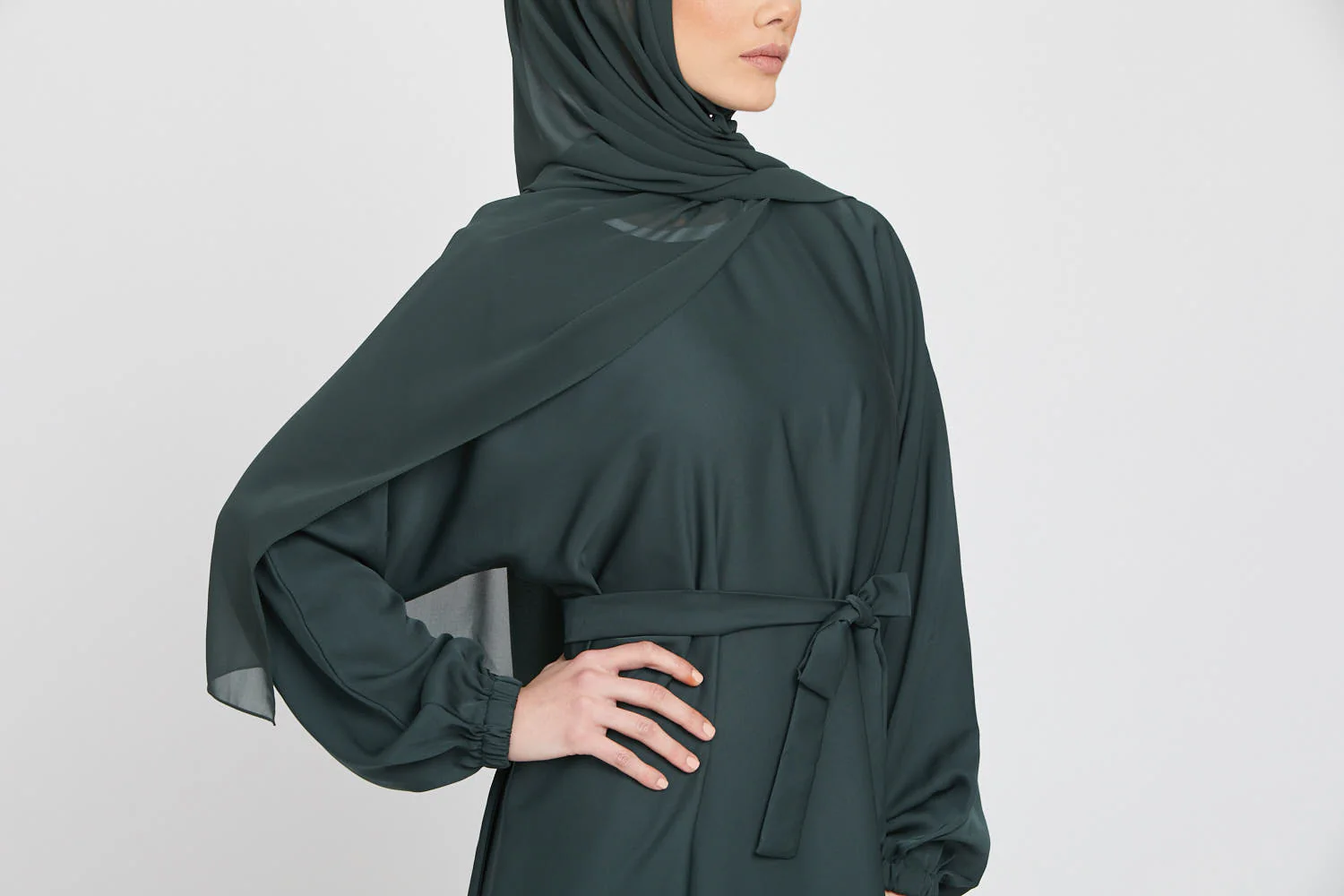 Umbrella Cut Closed Abaya with Elasticated Cuffs - Forest Green - Image 8