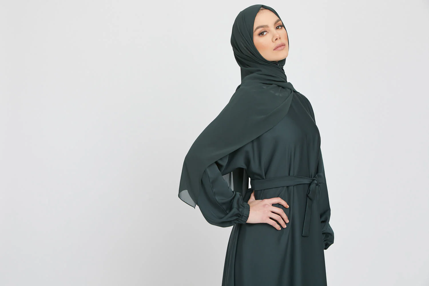 Umbrella Cut Closed Abaya with Elasticated Cuffs - Forest Green - Image 9