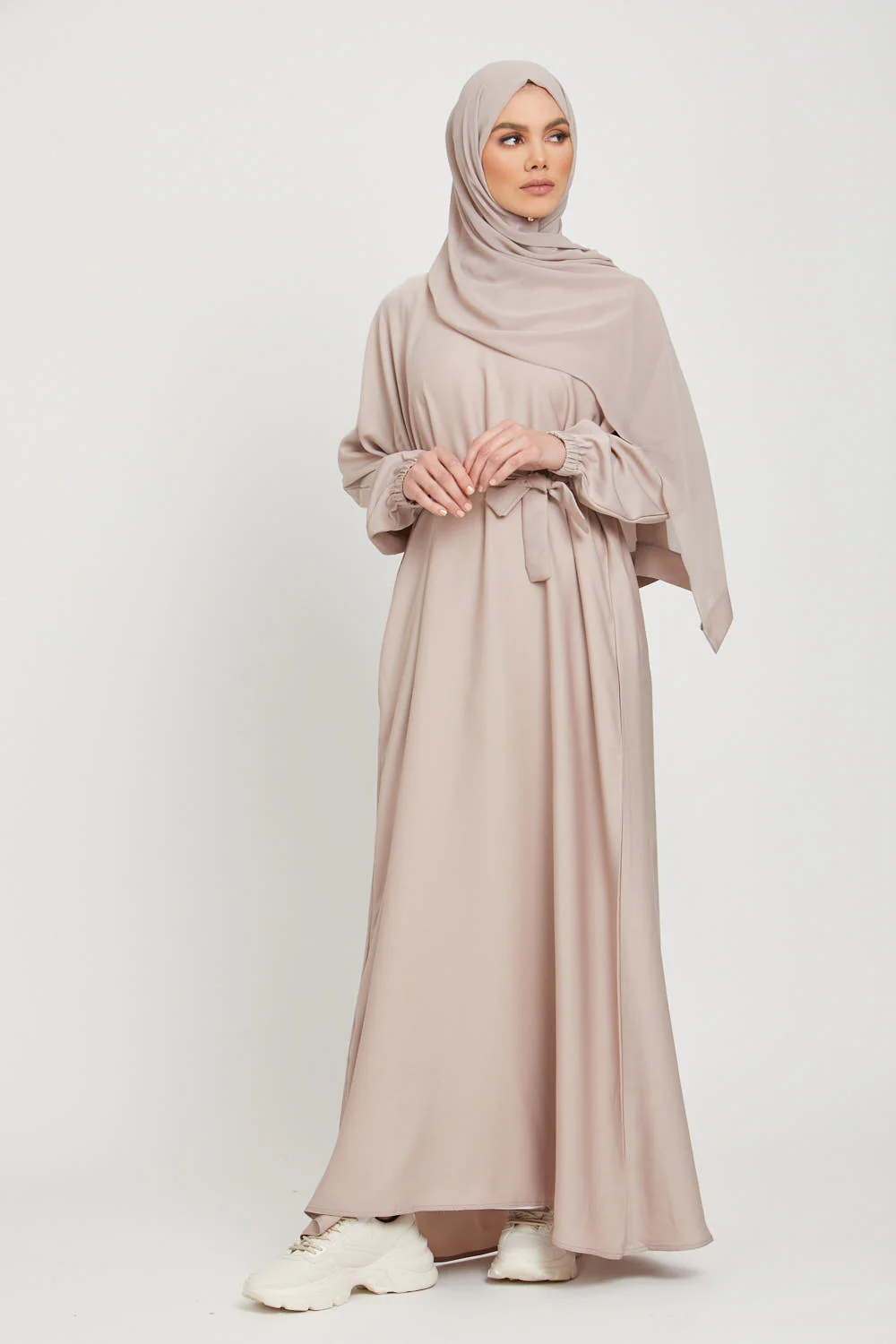 Umbrella Cut Closed Abaya with Elasticated Cuffs - Natural - Image 3