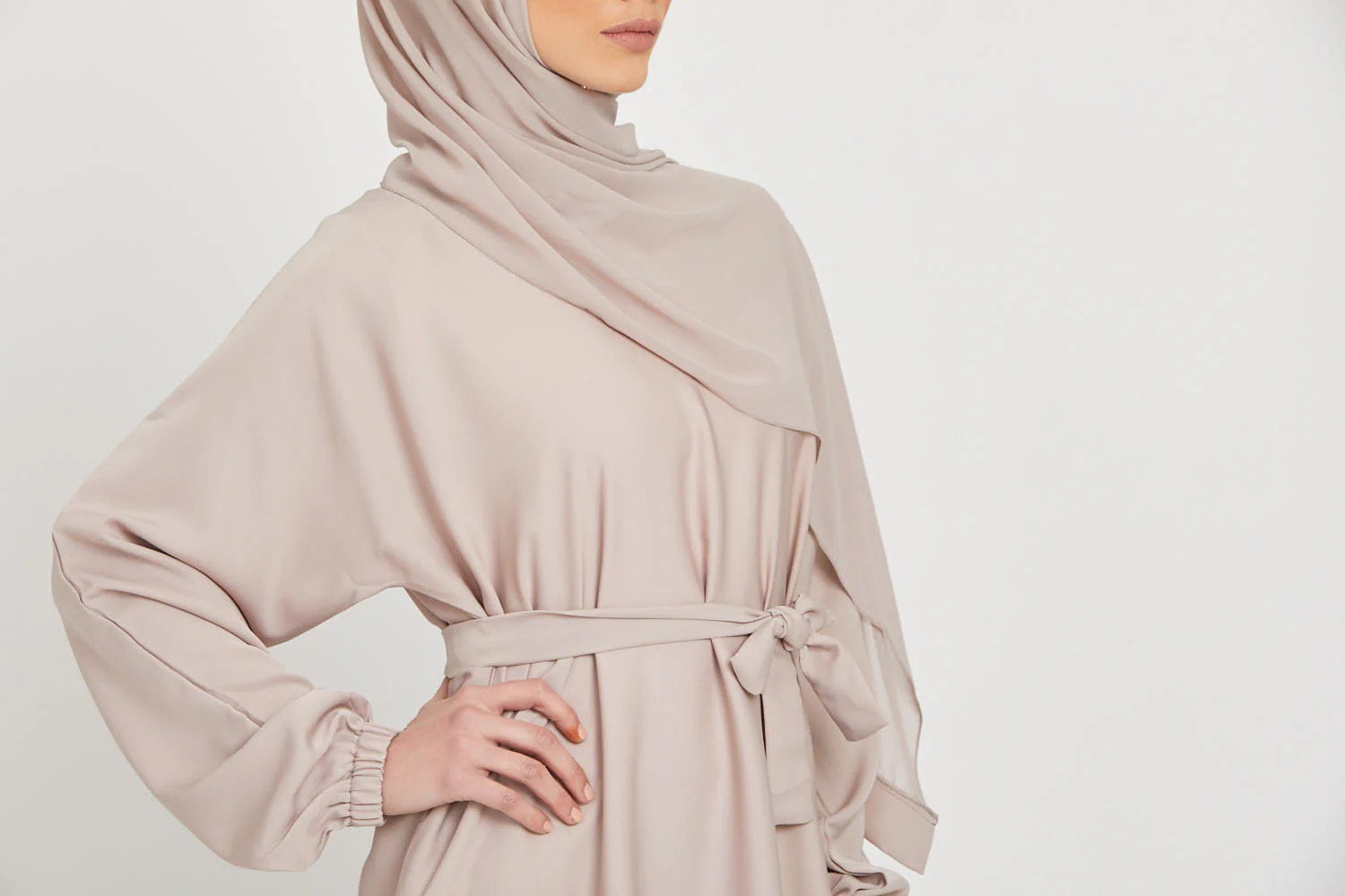 Umbrella Cut Closed Abaya with Elasticated Cuffs - Natural - Image 7