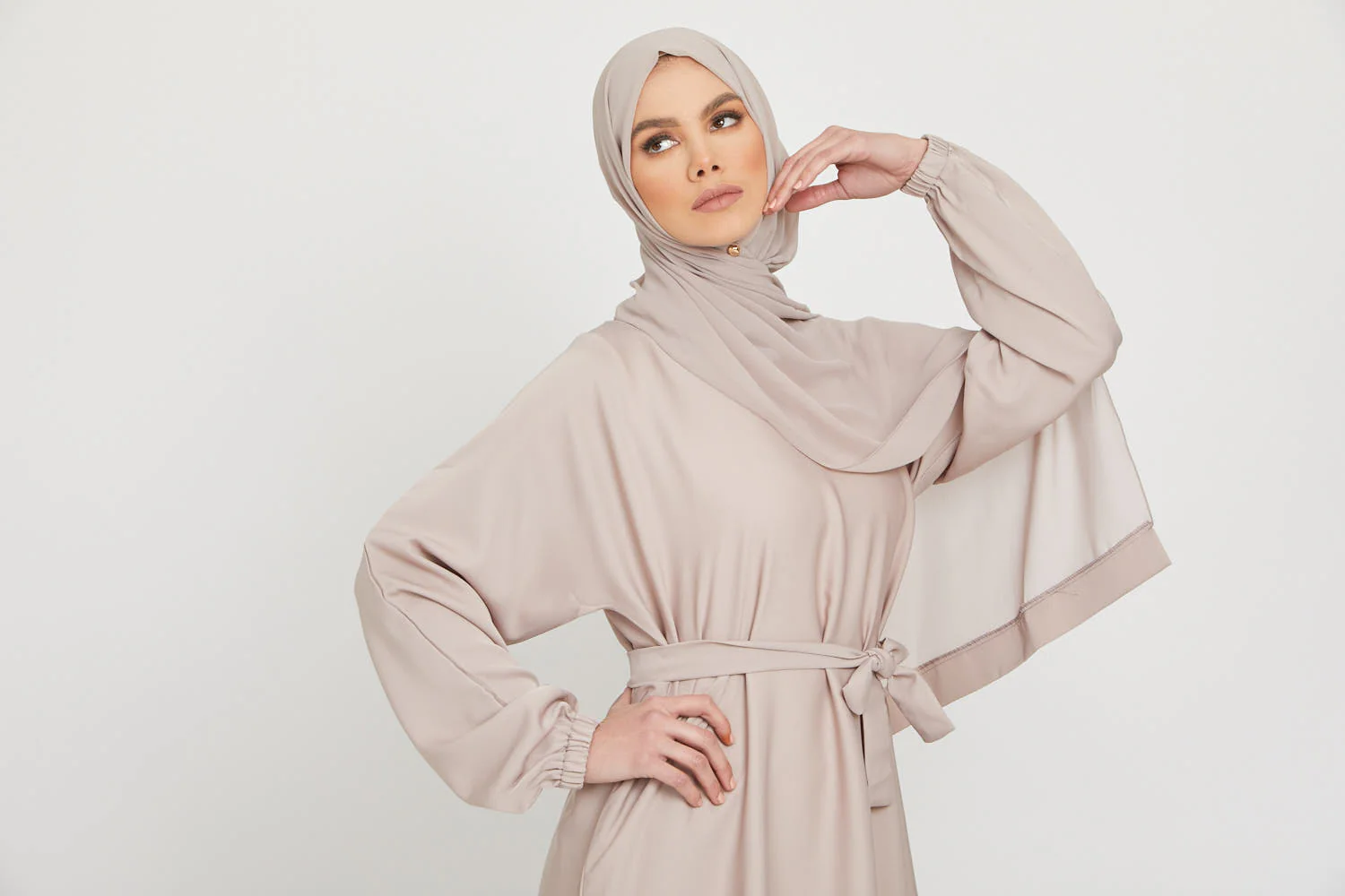 Umbrella Cut Closed Abaya with Elasticated Cuffs - Natural - Image 8