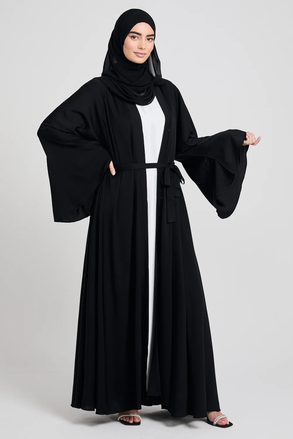 Umbrella Cut Open Abaya with Flared Sleeves - Black - Image 5