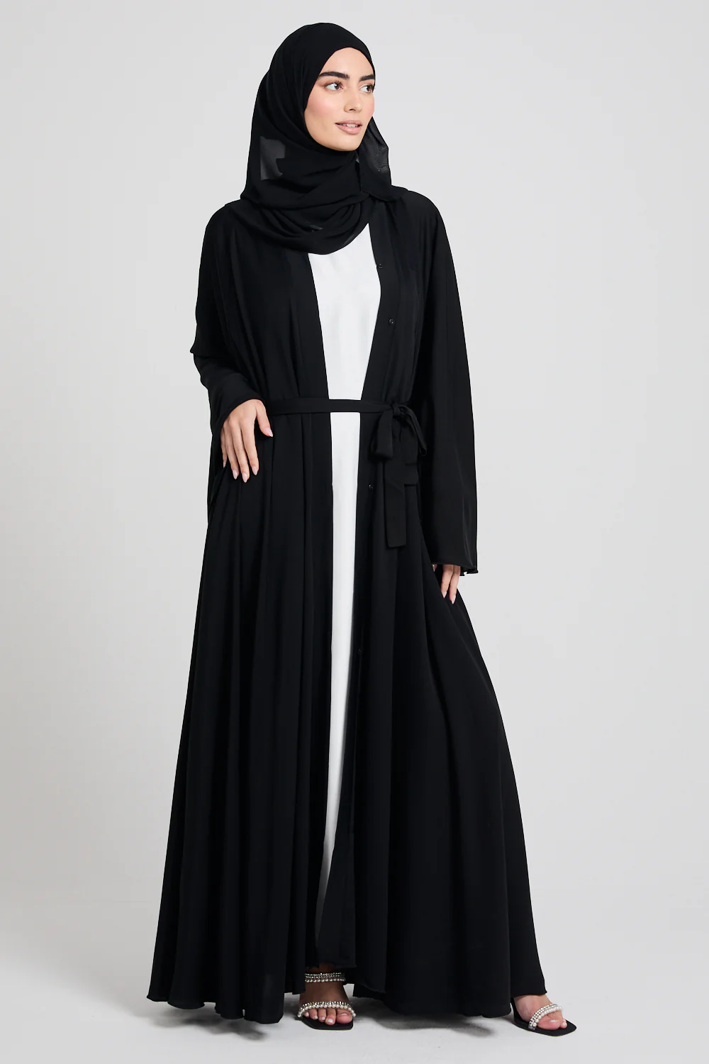 Umbrella Cut Open Abaya with Flared Sleeves - Black - Image 6