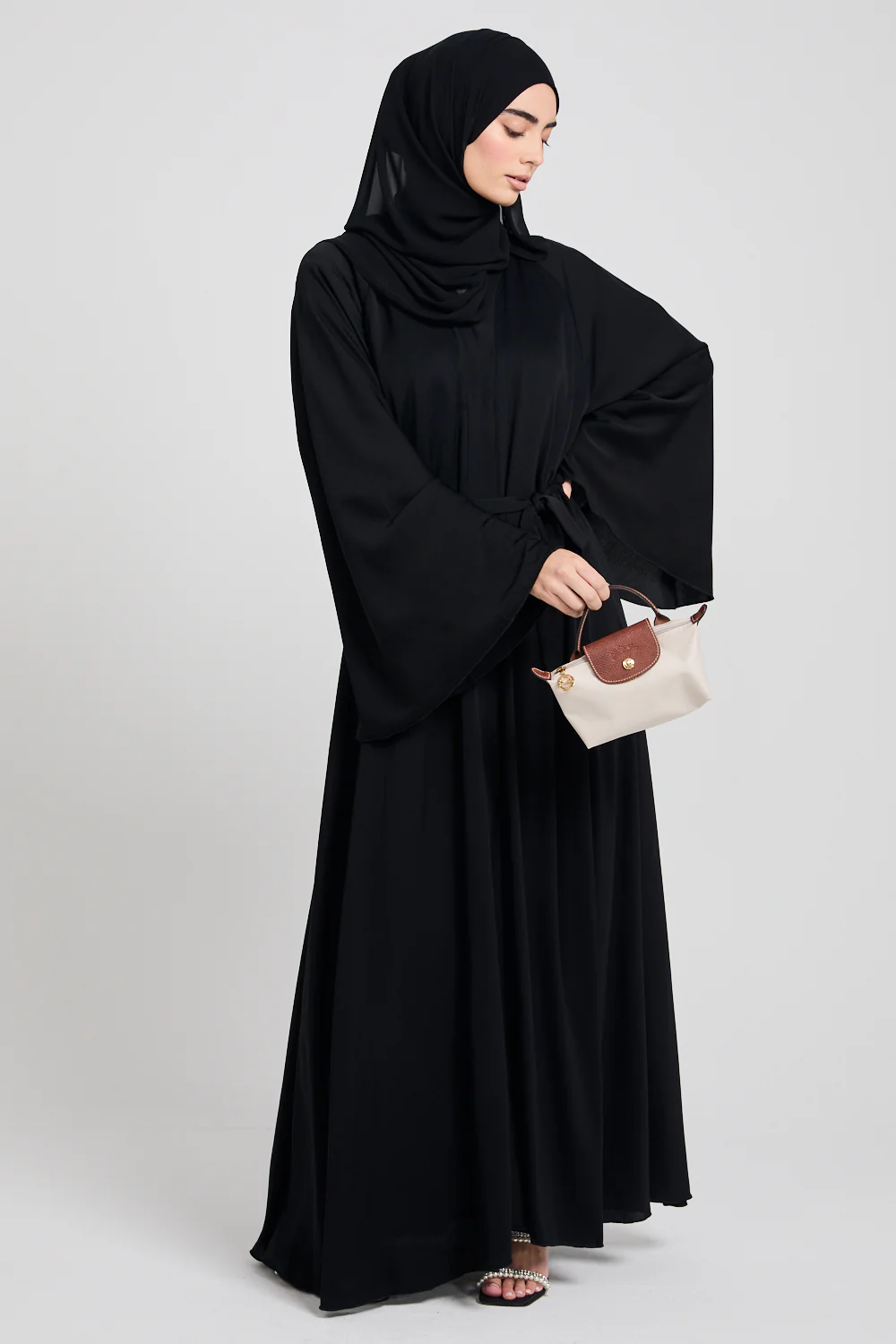 Umbrella Cut Open Abaya with Flared Sleeves - Black - Image 7