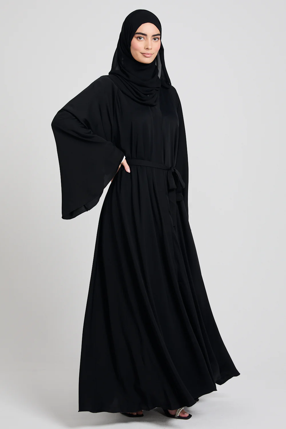 Umbrella Cut Open Abaya with Flared Sleeves - Black - Image 8