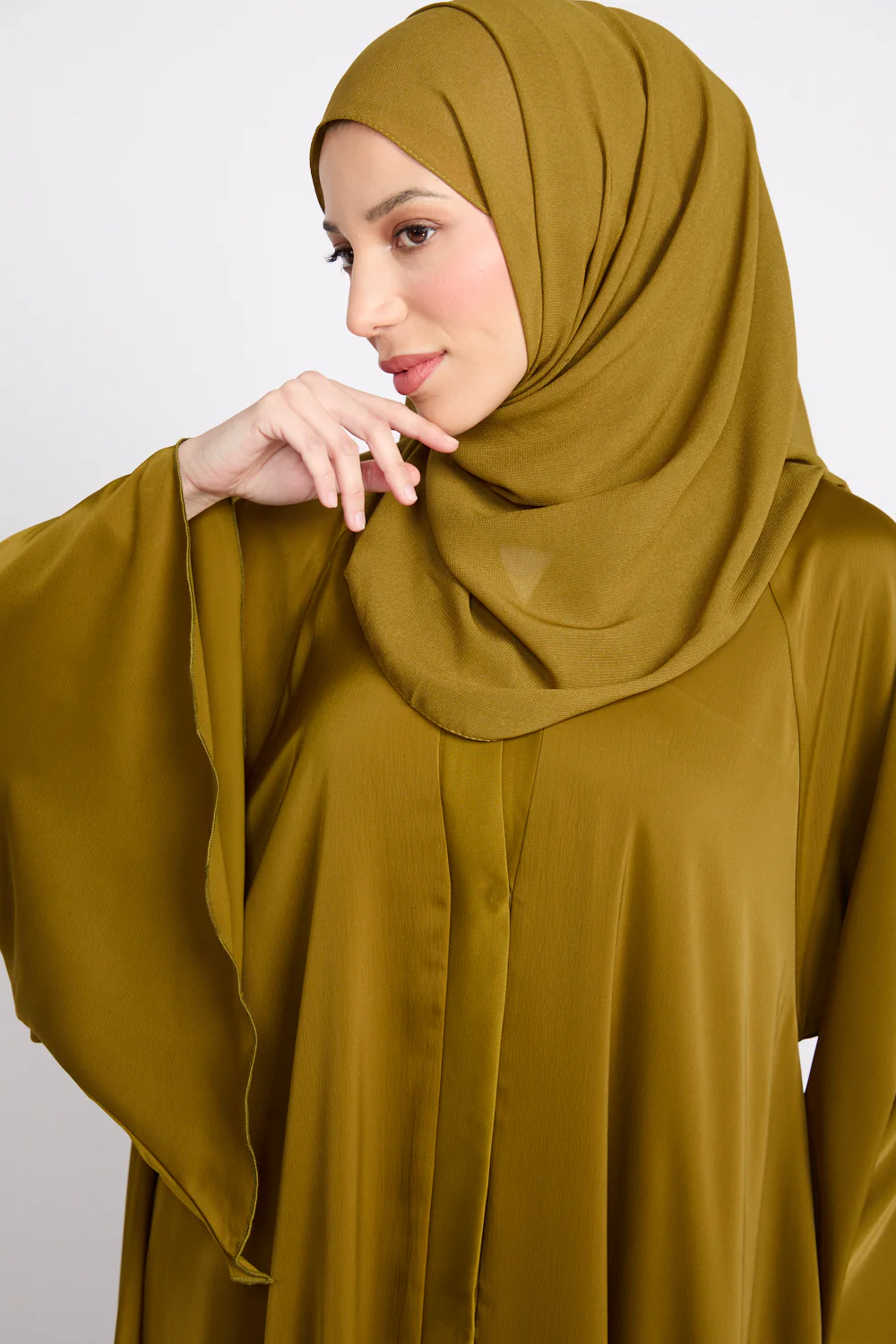 Umbrella Cut Open Abaya with Flared Sleeves - Warm Olive Gold - Image 2