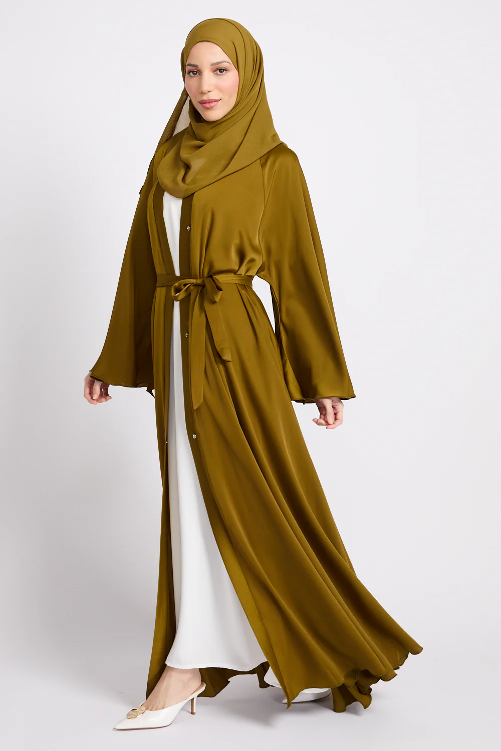 Umbrella Cut Open Abaya with Flared Sleeves - Warm Olive Gold - Image 3
