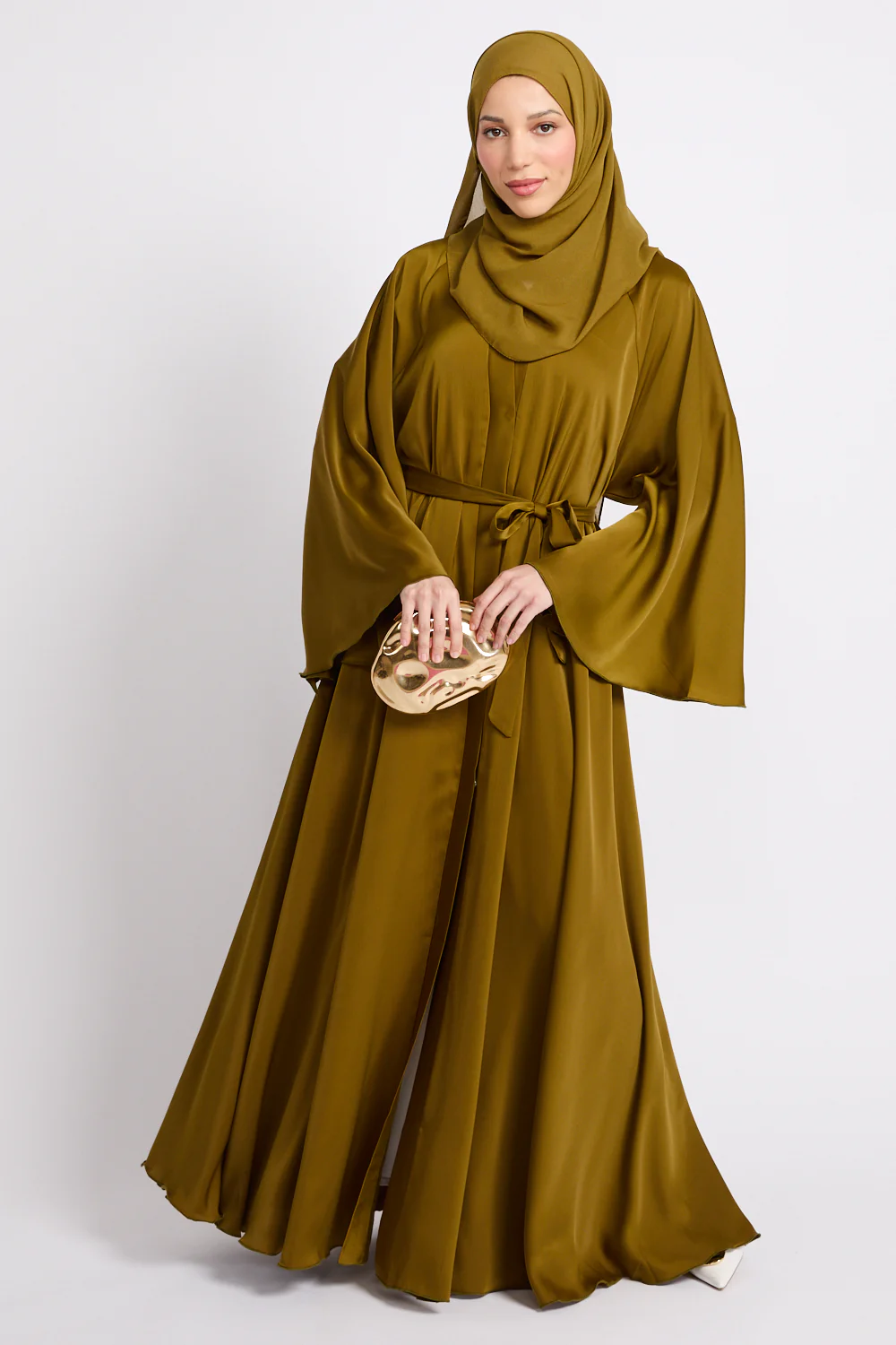 Umbrella Cut Open Abaya with Flared Sleeves - Warm Olive Gold - Image 4